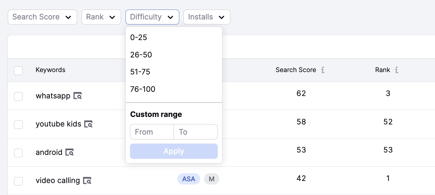 Filtering your results in AI Keyword Inspector for ASO.