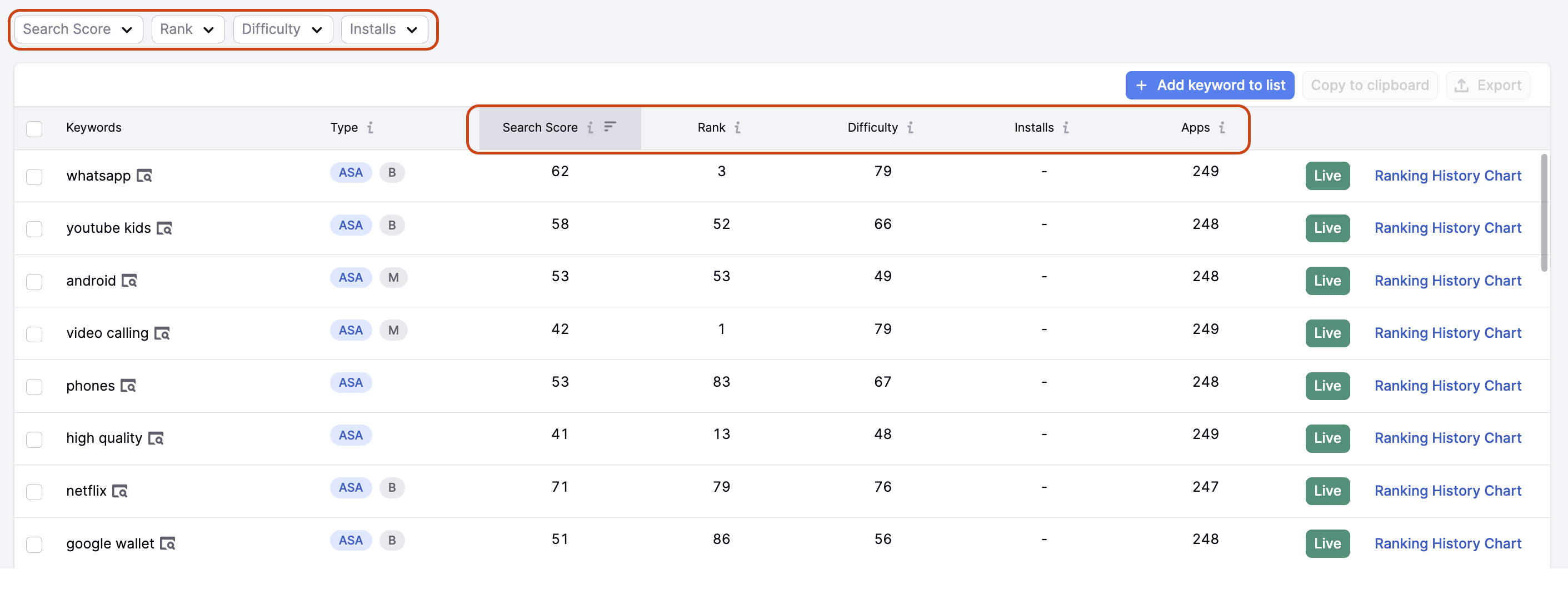 Filtering and sorting keyword results in AI Keyword Inspector for ASO.