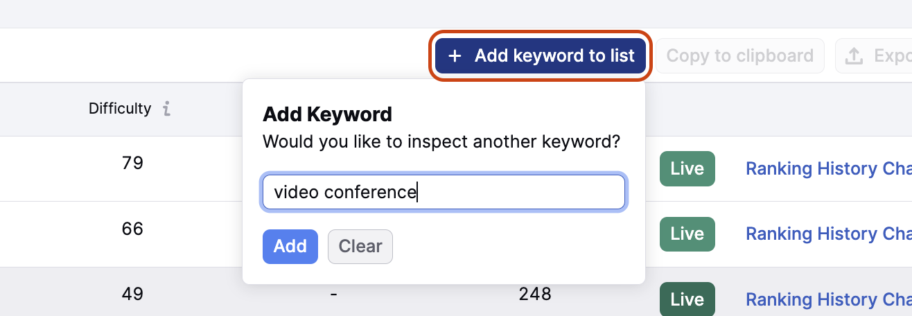 Adding a new keyword to the list in AI Keyword Inspector for ASO.