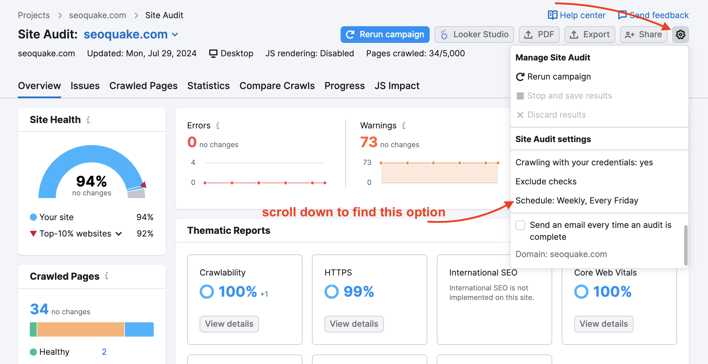 Where to find schedule parameters in the Site Audit settings menu.