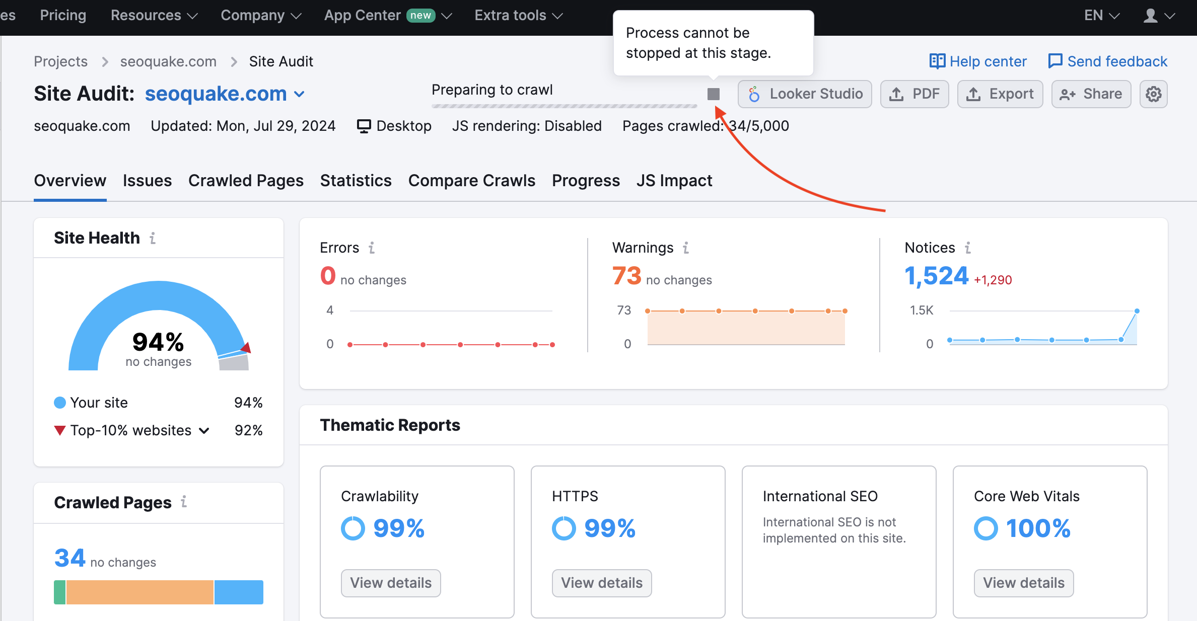 What the restriction on stopping the crawl process looks like.