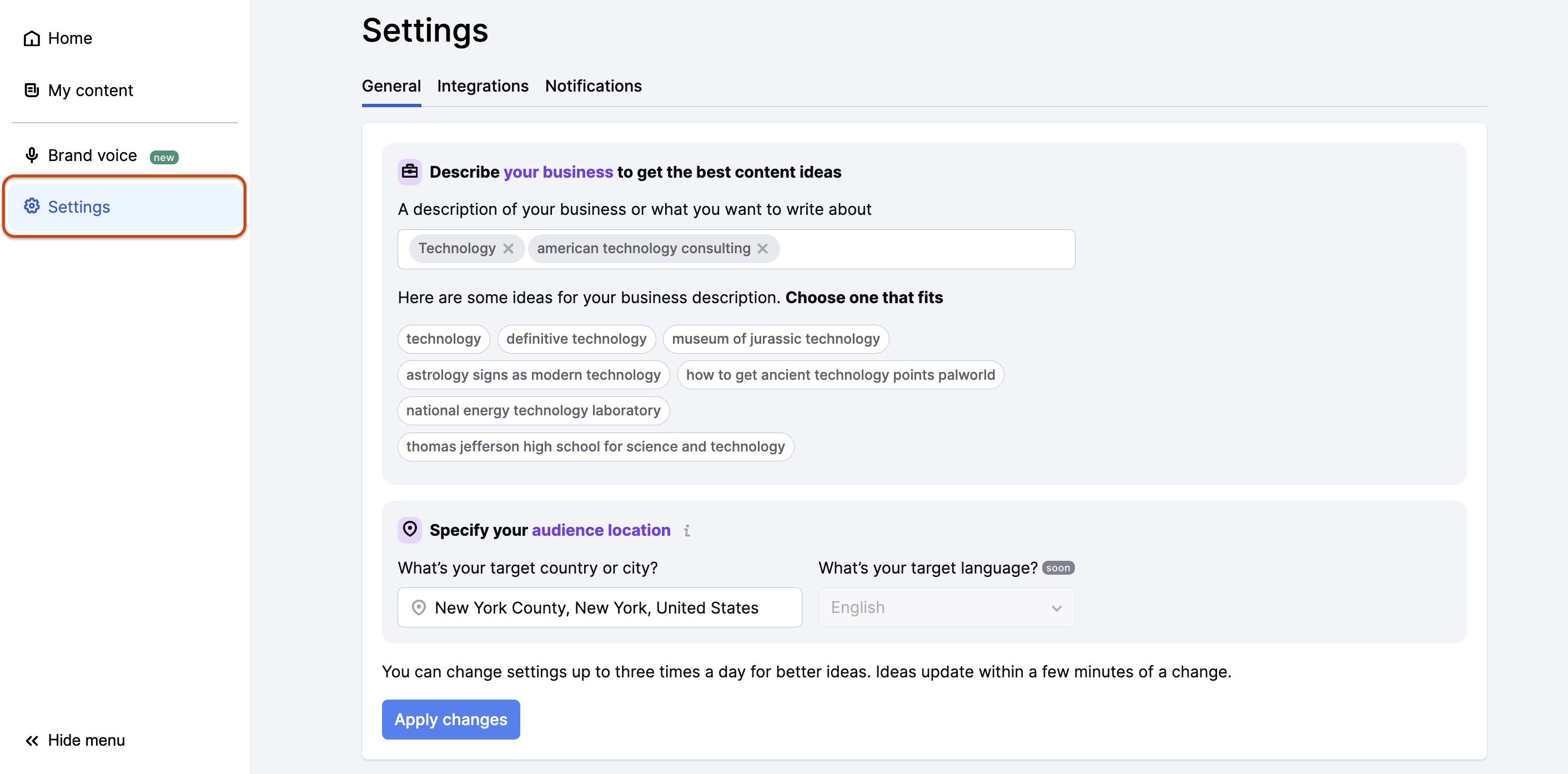 List of settings in the ContentShake app with several keywords being added to the main field and the app suggesting to add more or apply changes right away.