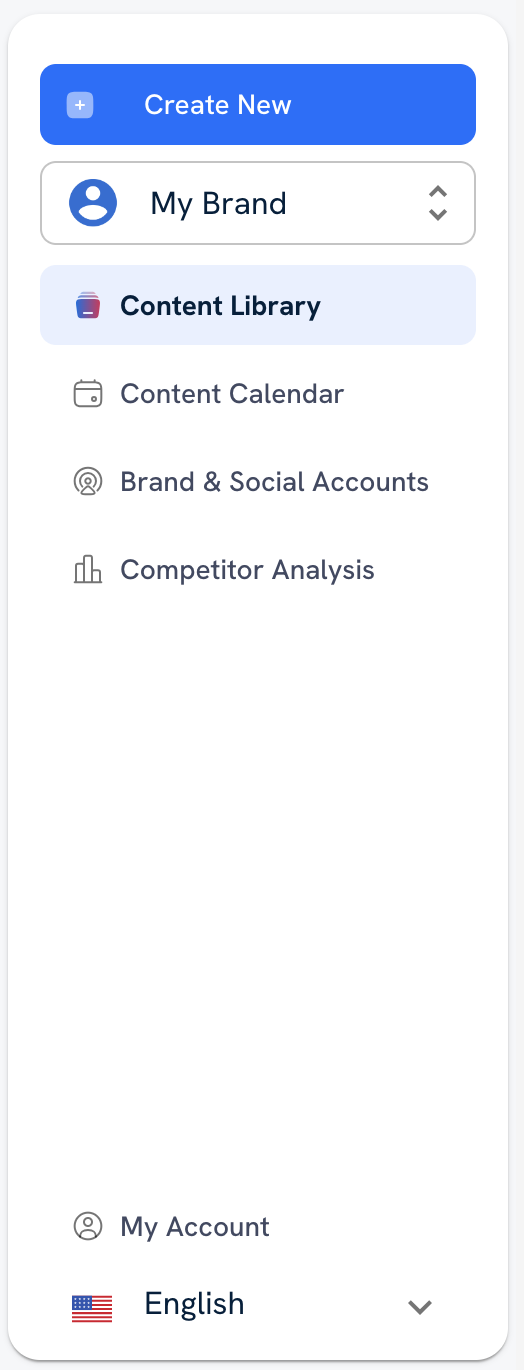 The expanded navigation menu, showing the currently active brand, Content Library, Content Calendar, Brand & Social Accounts, Competitor Analysis, and My Account links.