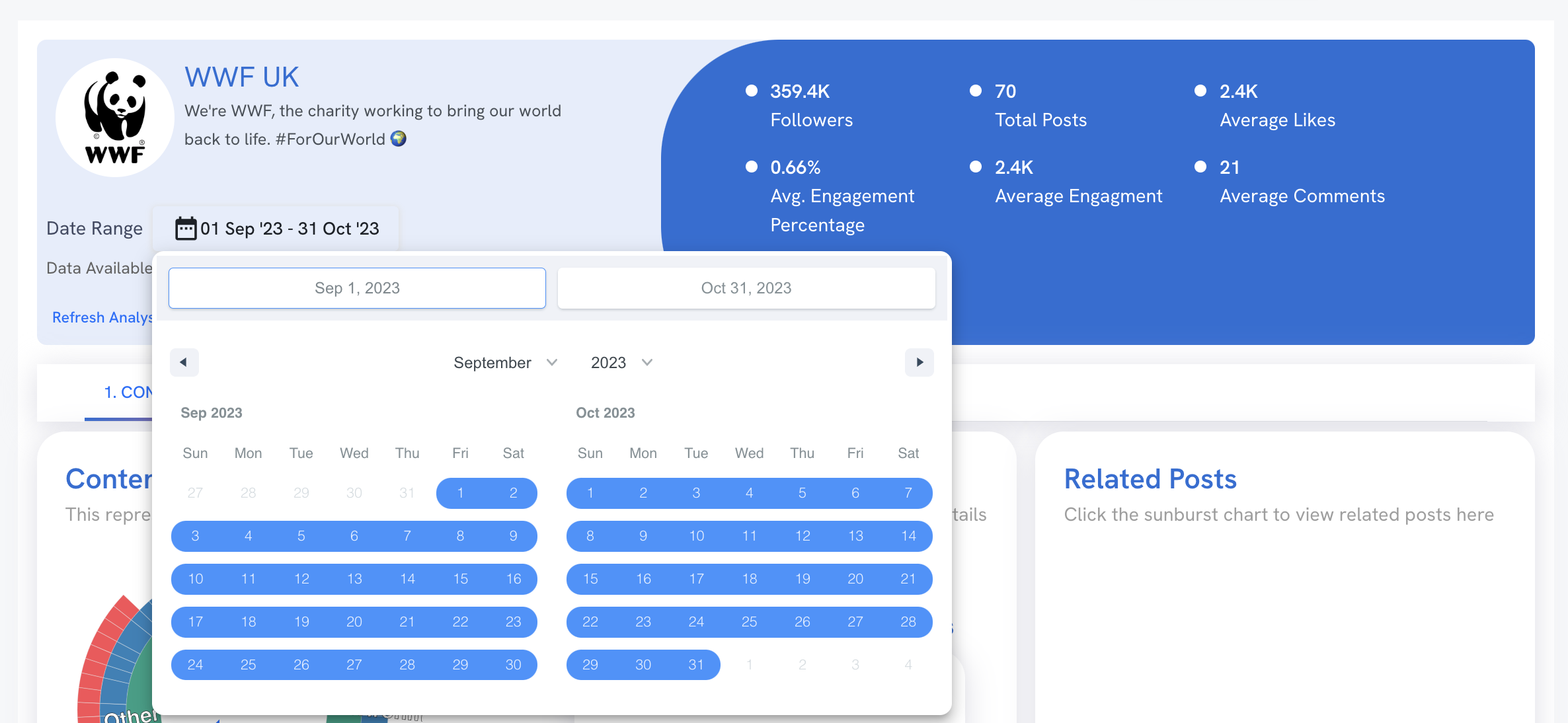 The Competitor Analysis header with the date range menu expanded. The interface shows two calendar months, with the analyzed date range highlighted in blue.