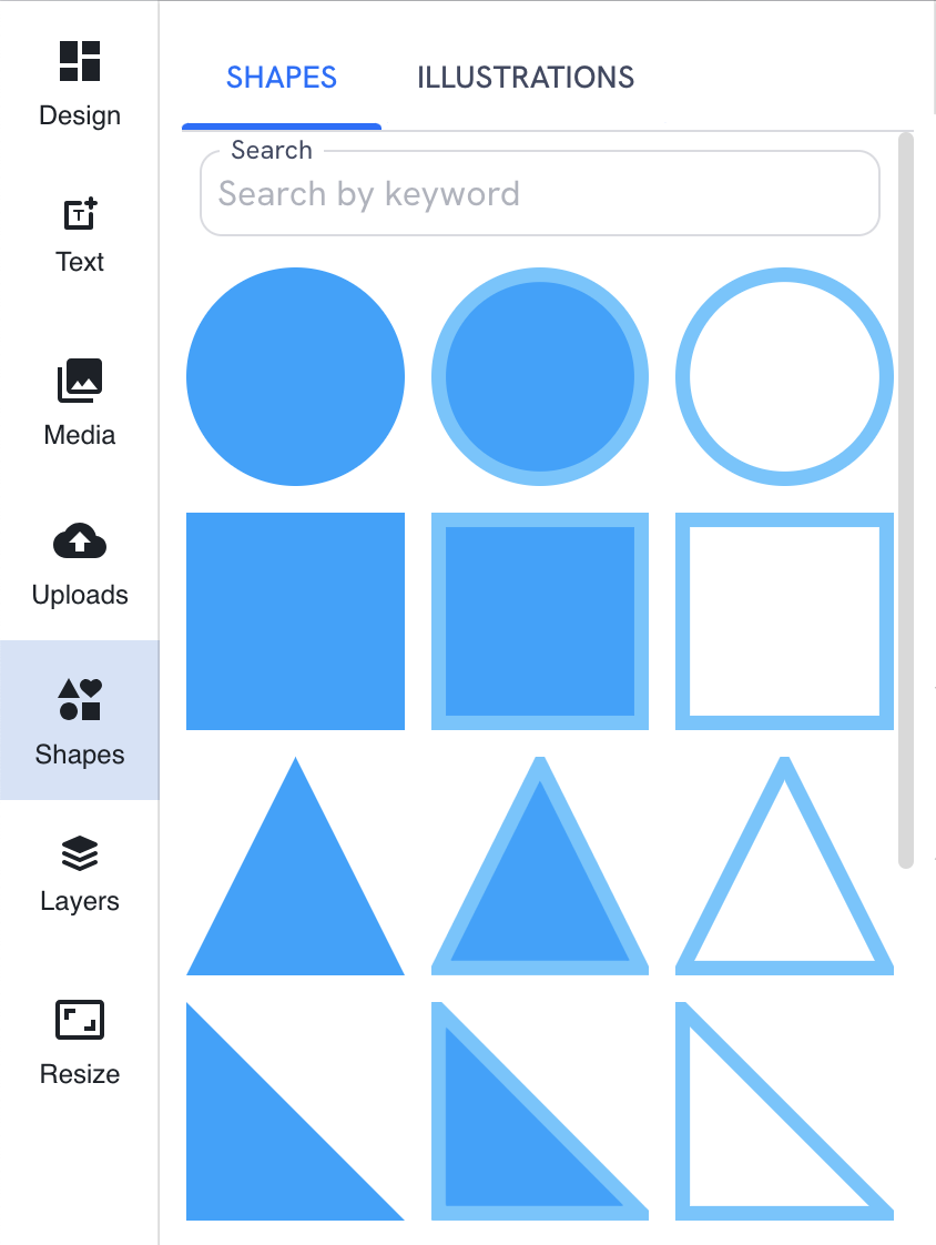 The Shapes tab, showing blue graphics in various geometric shapes.