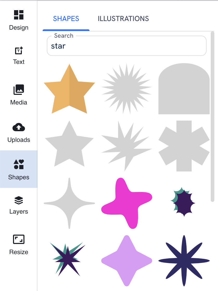 The Shapes section with a search query of 'star', showing a variety of colorful star graphics.