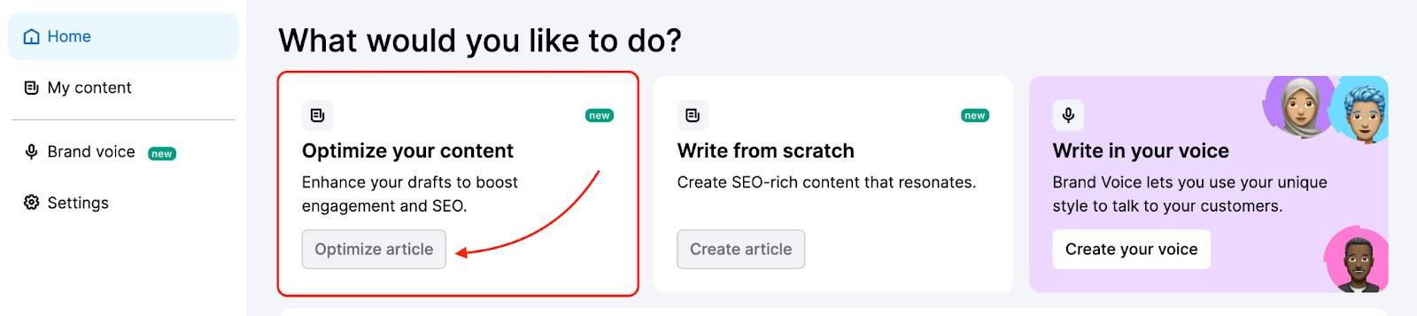 The 'Optimize your content' option on Home page highlighted with red. An arrow points to the 'Optimize article' button. 