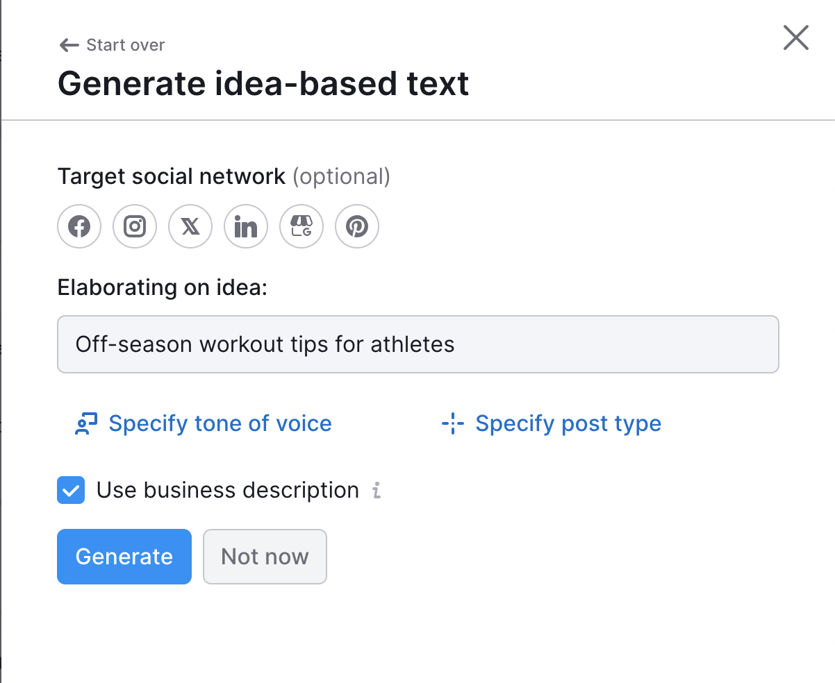 The side menu with the idea, target social networks, tone of voice, post type, and Use business description option.