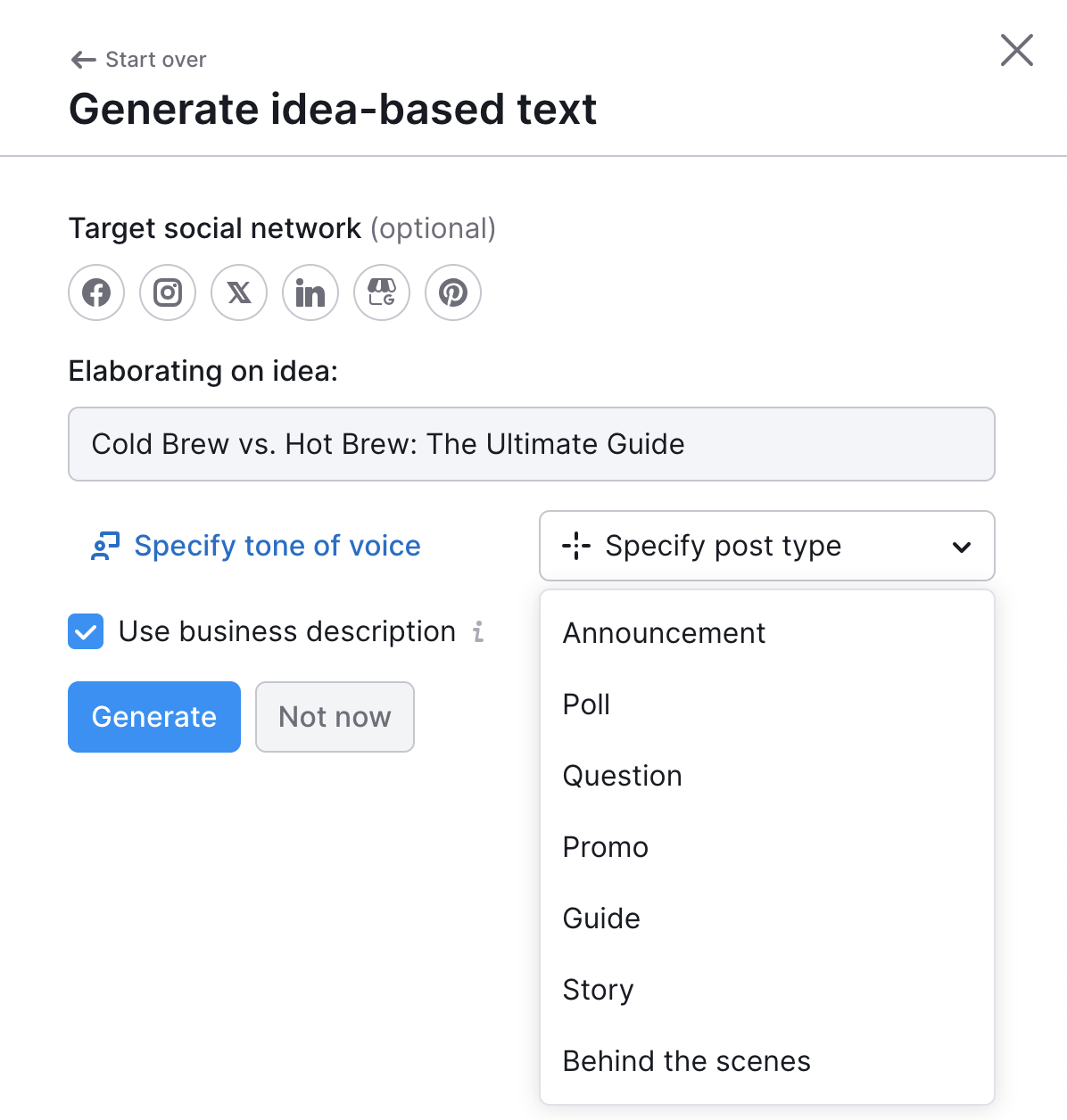 Specify post type drop-down with options: announcement, poll, question, etc.