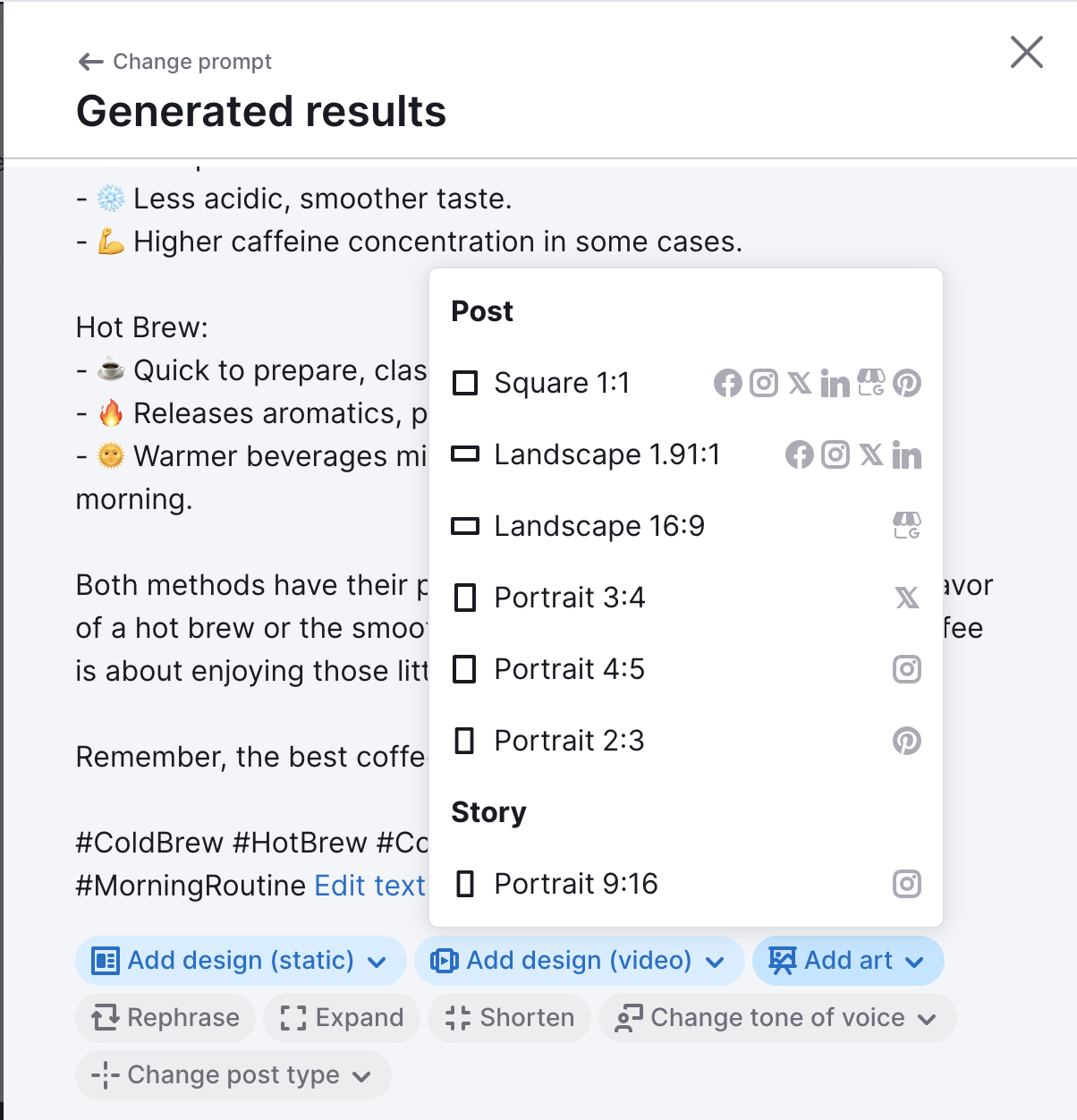 A drop-down with the ratio options that appears after clicking the Add art button.