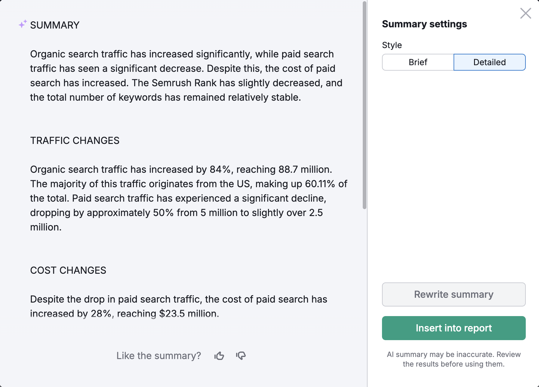 Example showing how the AI summary widget works and what options are available there. 