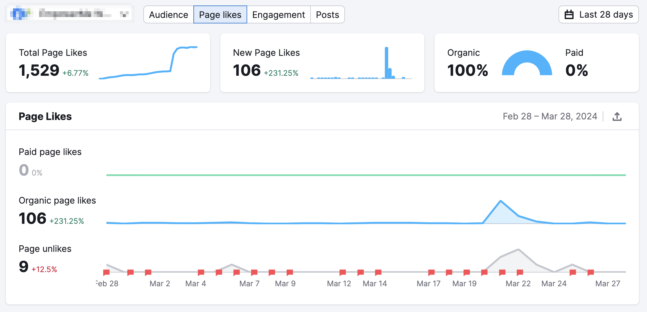 An example of the Pages Likes Tab in the Facebook report in Social Analytics.