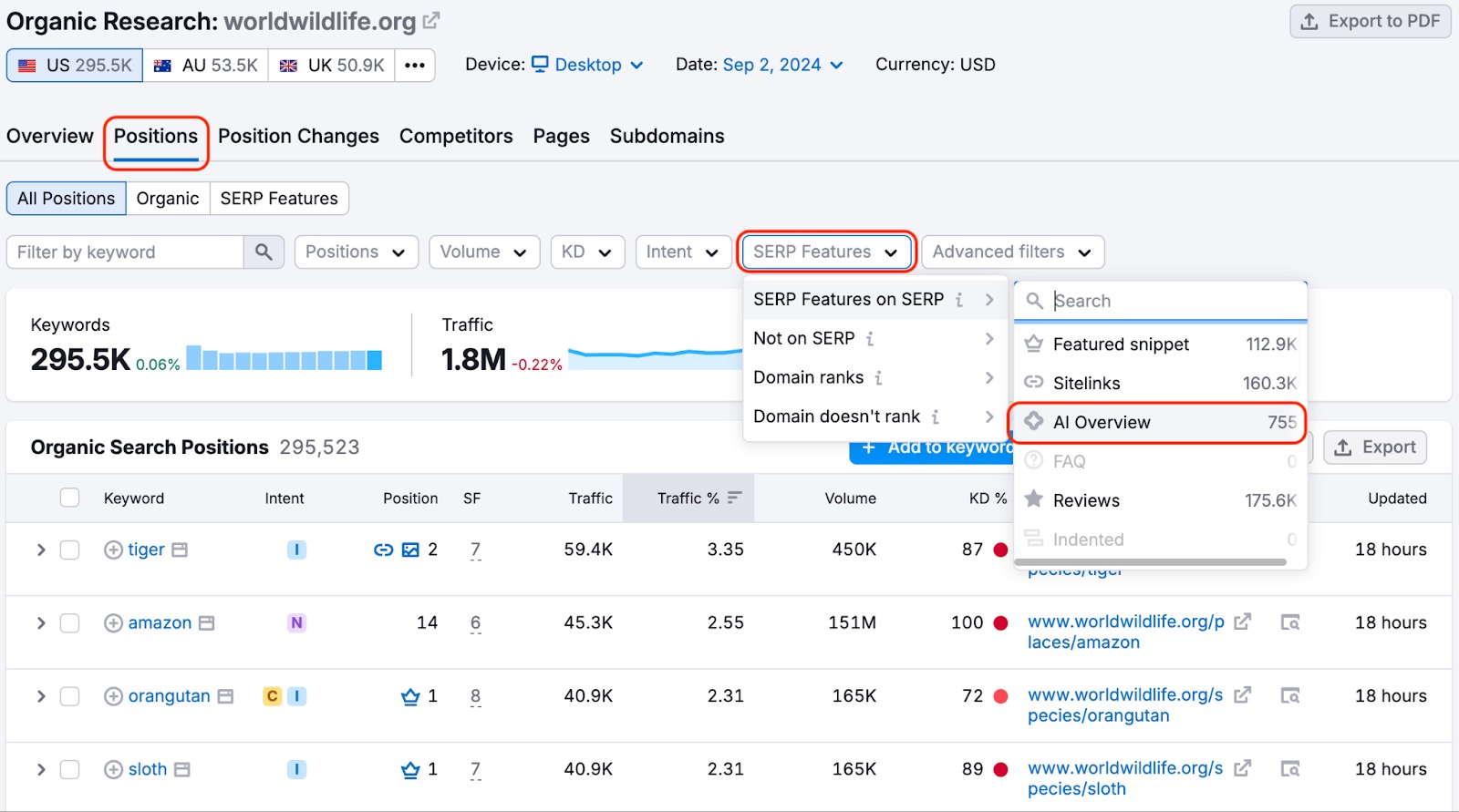 The SERP Features filter in Organic Research Positions tab. The AI Overview filter is highlighted.