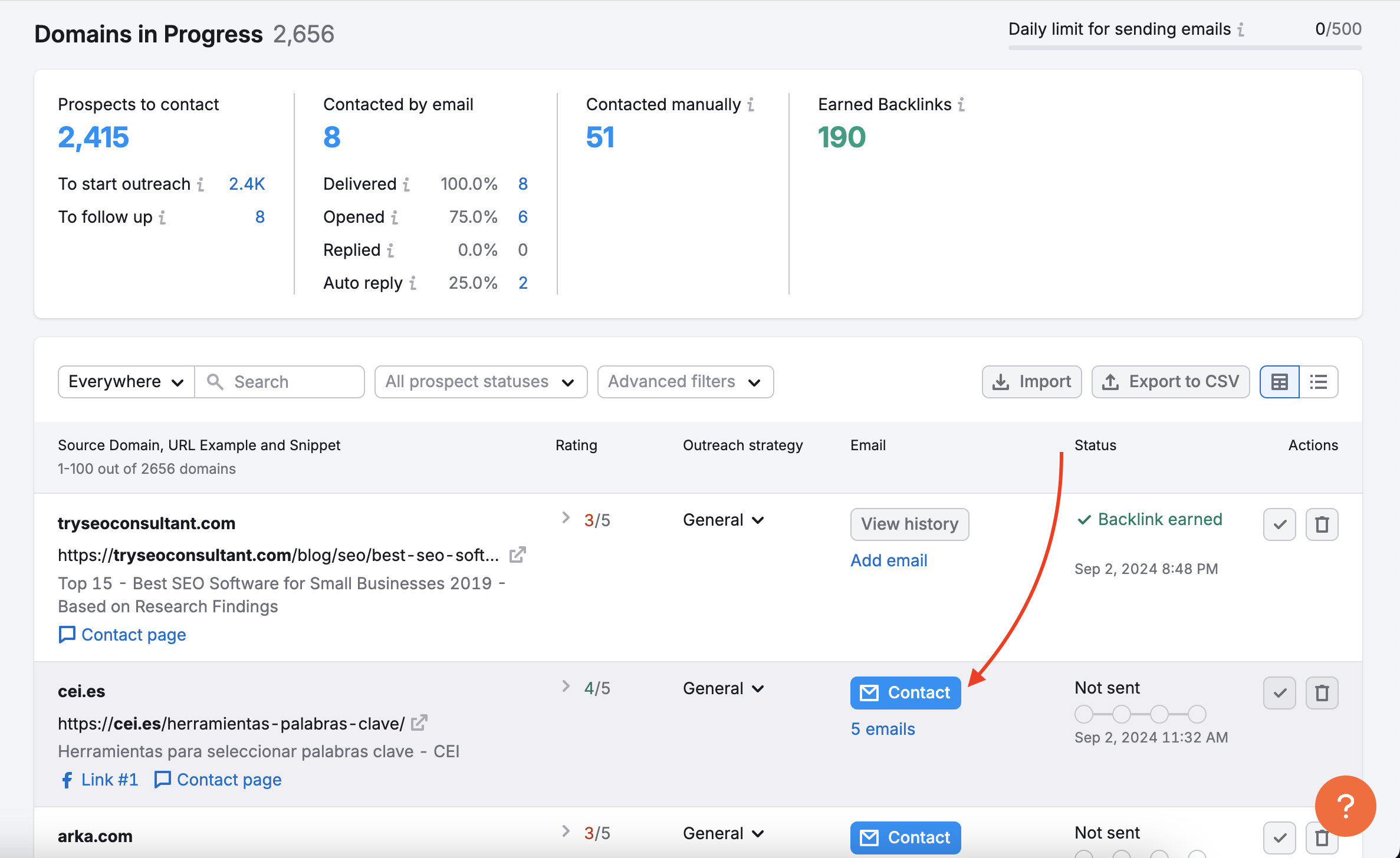 In Progress report in the Link Building tool. Among the list of potential backlinks, a red arrow is pointing towards the blue Contact button on the right.