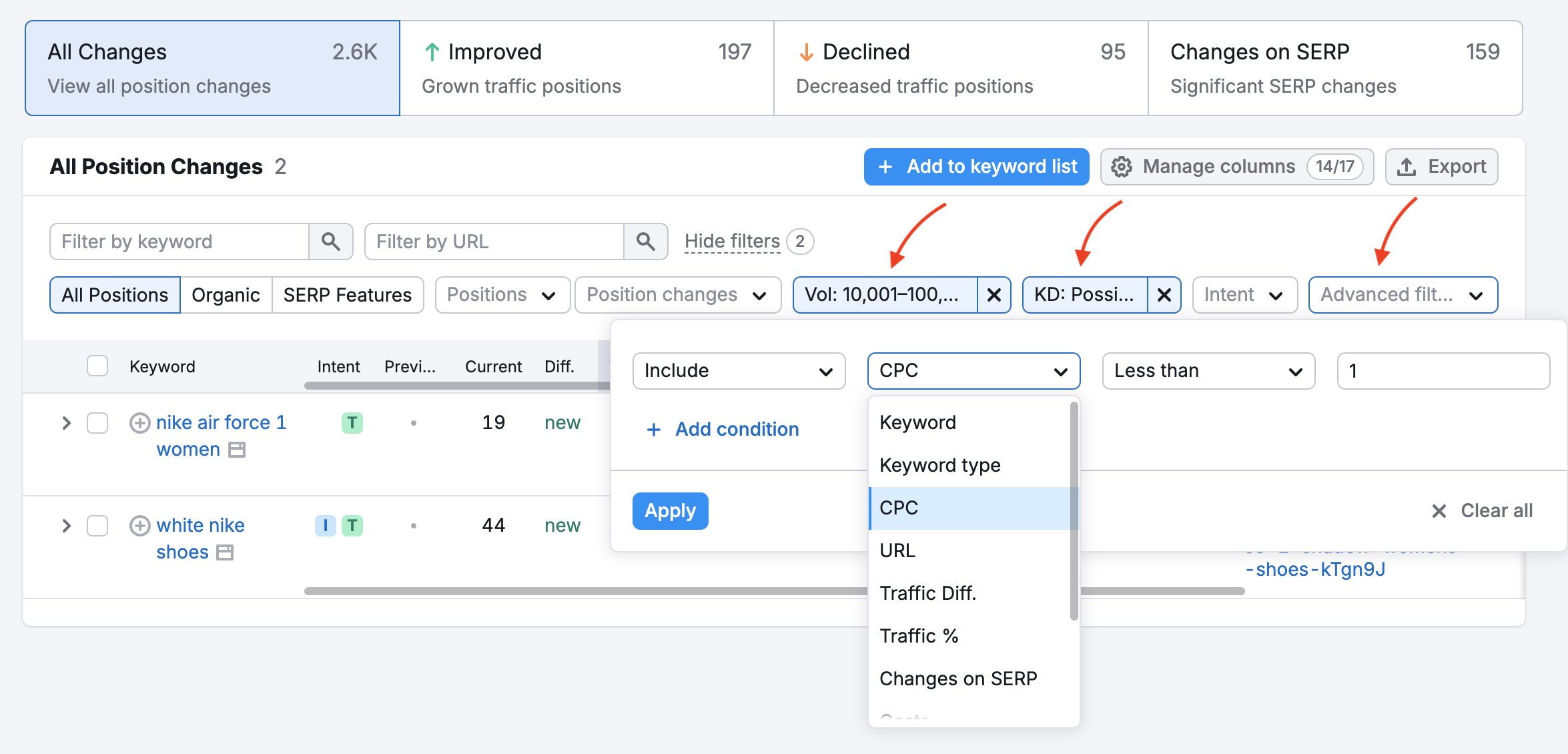 An demonstration of what the set up of filters mentioned in the text above looks like in the interface.