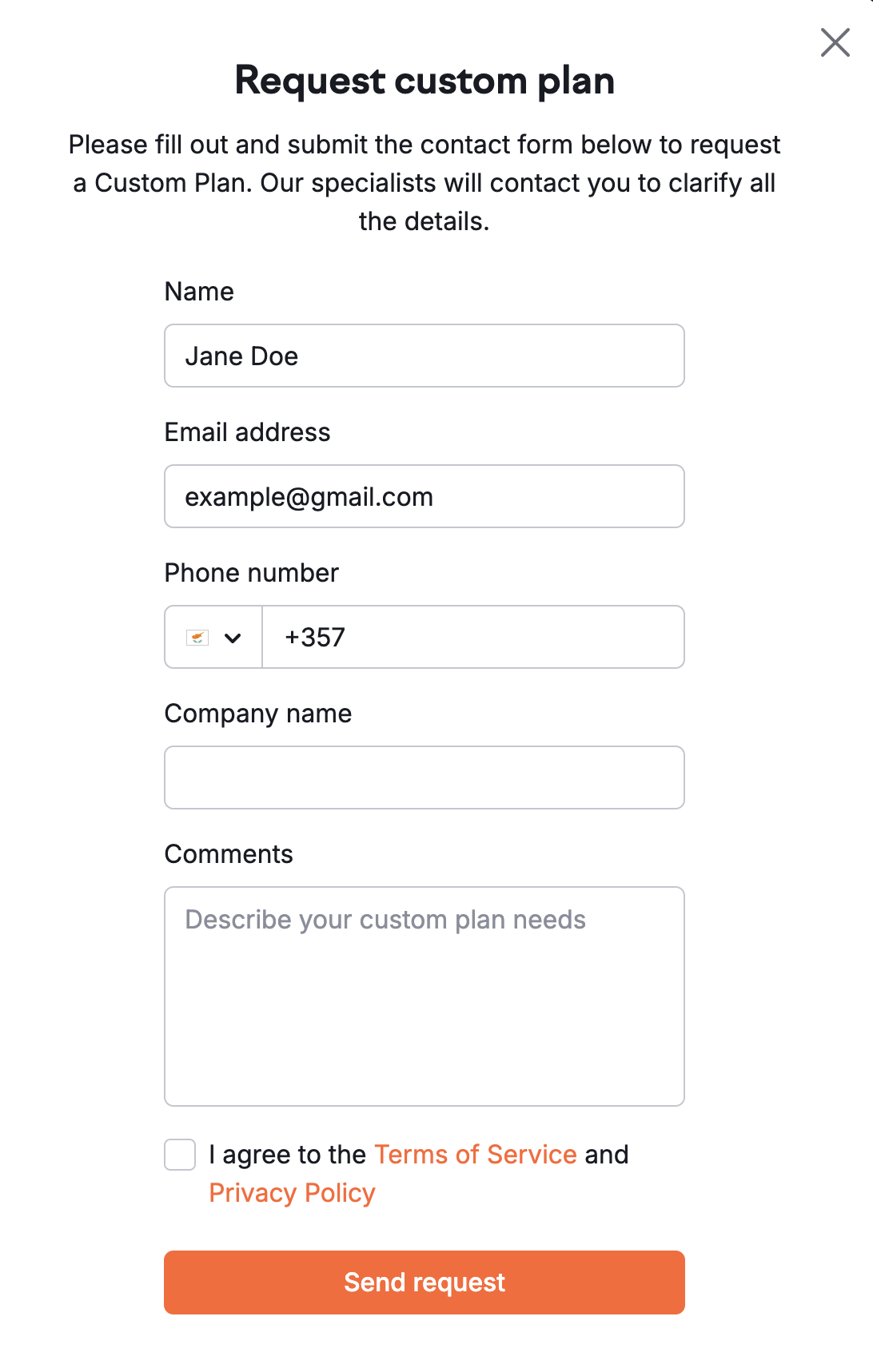 Example of a contact form provided to request a custom plan.