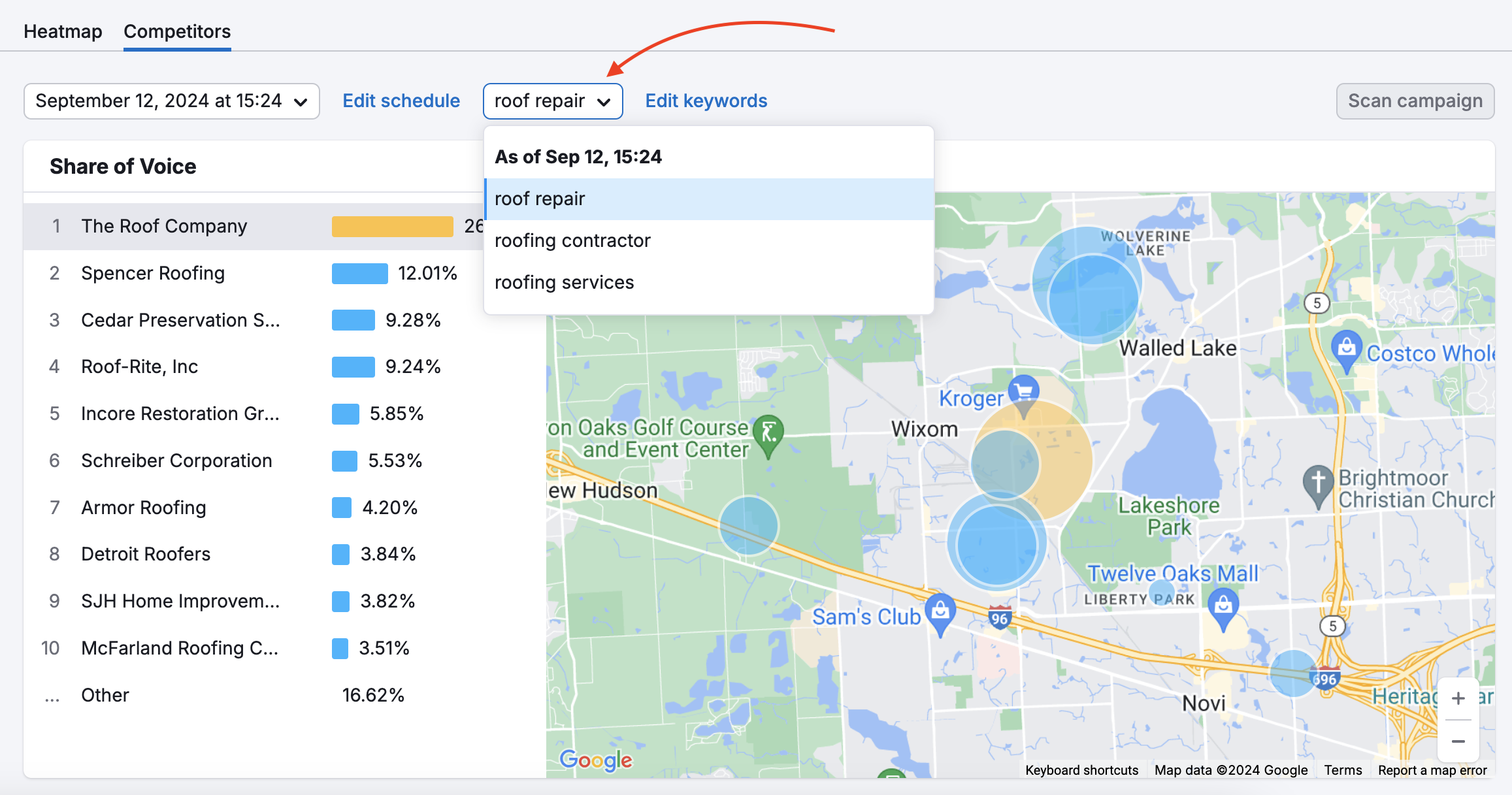 A red arrow pointing to the dropdown for selecting a keyword.