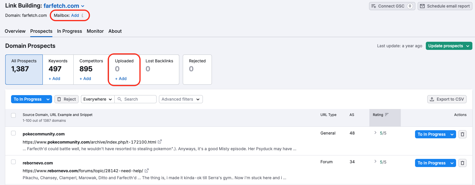 Link Building Prospects report. The Add Mailbox feature on top is highlighted as well as the Uploaded prospects field, prompting you to upload your own backlink prospects and connect your mailbox with the tool. 