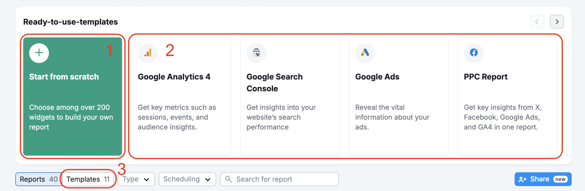 Where to click to create reports from scratch, from a pre-existing template, or your own custom template.