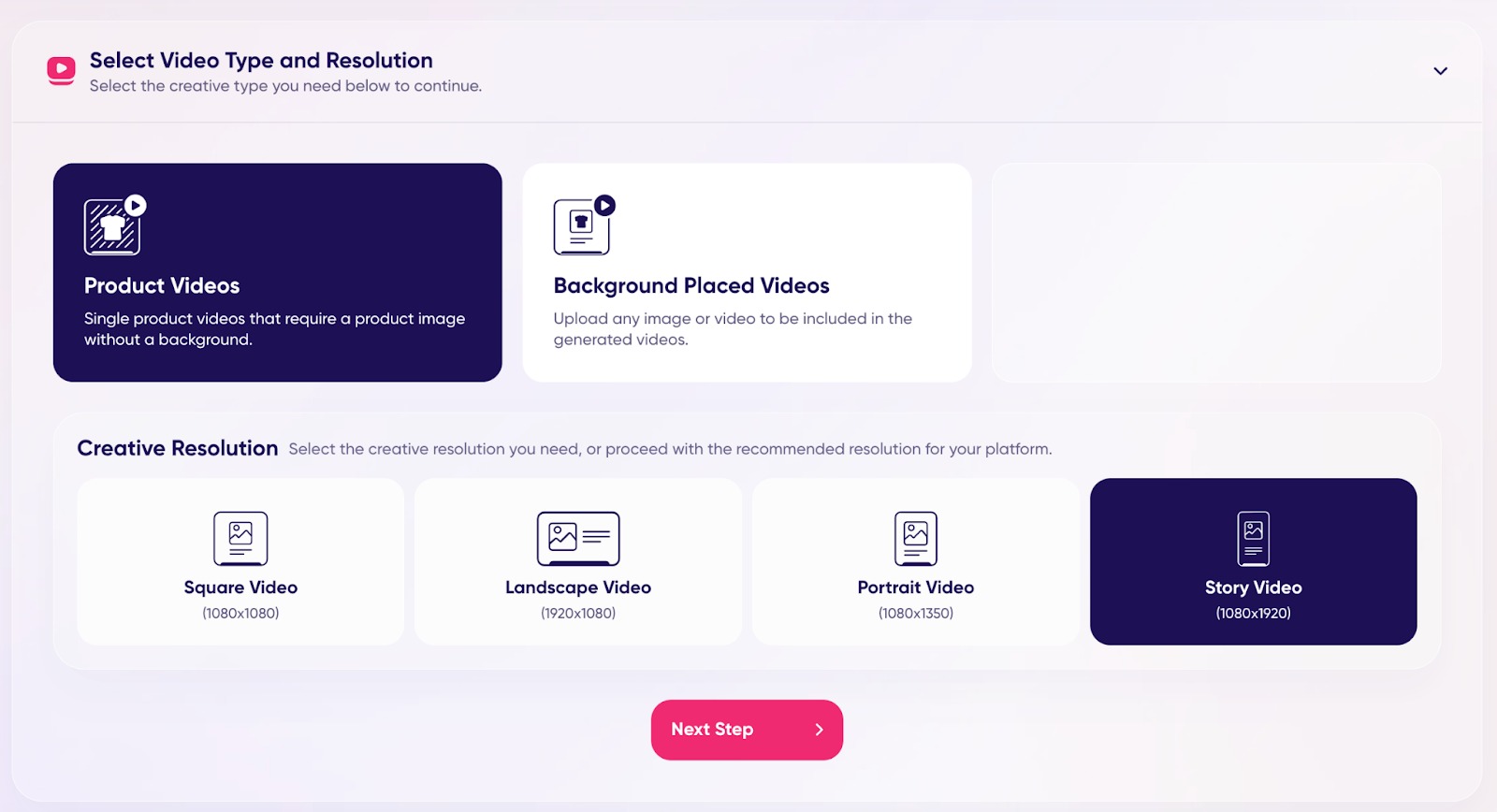 An example of the ‘Select Video Type and Resolution’ step in the process of creating Product Video Ads.