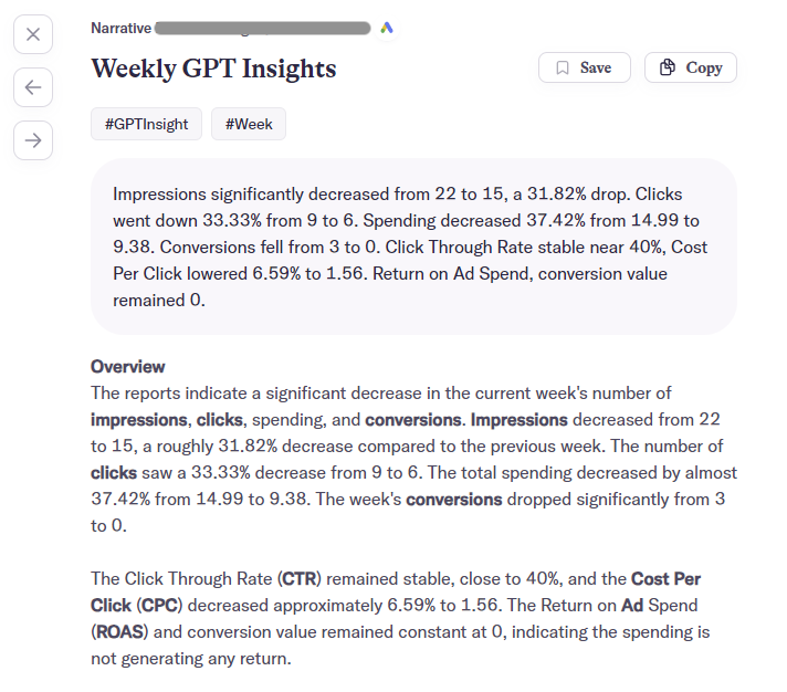 An example of an AI-generated insights in AI Narratives for Google Ads.