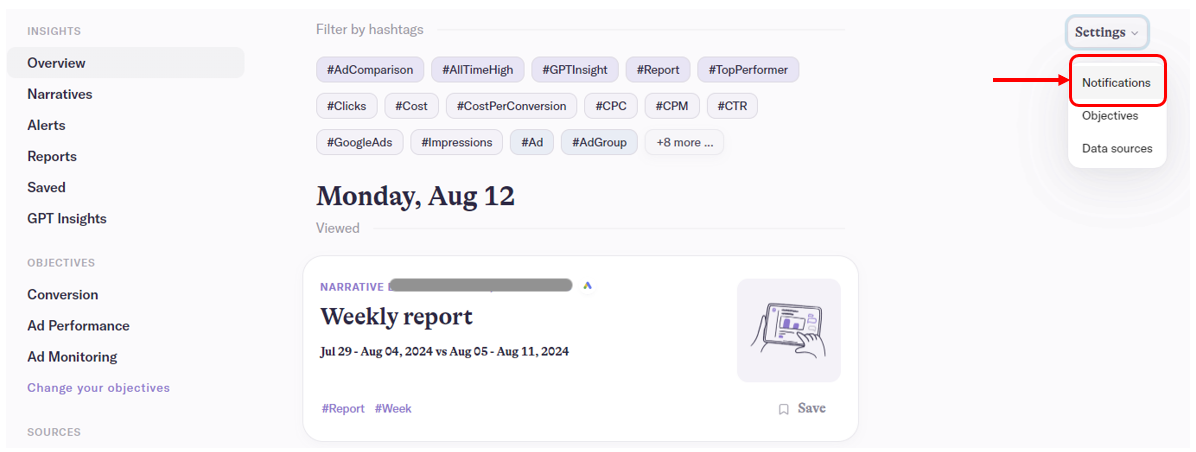 How to change notification settings in AI Narratives for Google Ads.