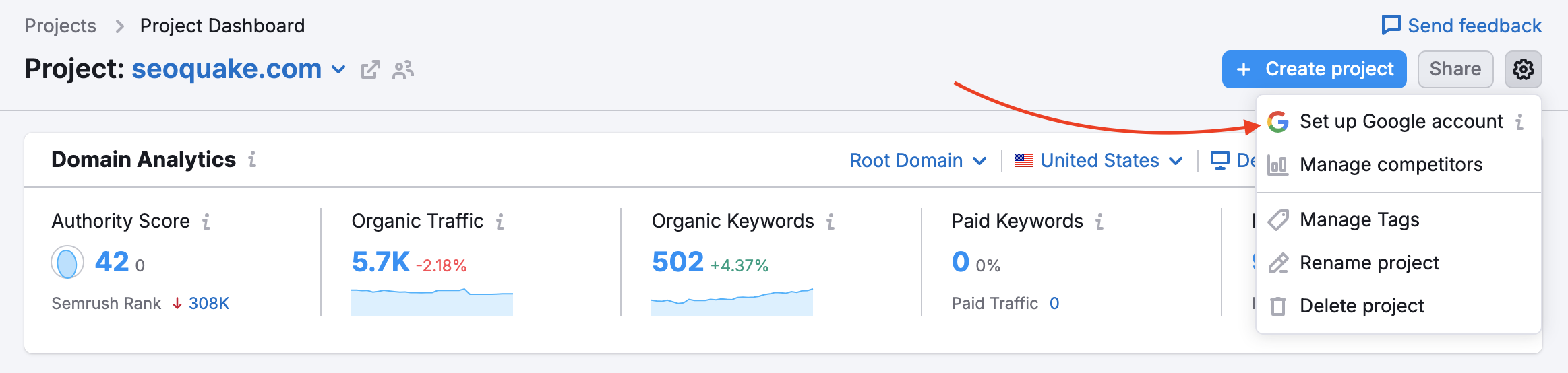 Project Dashboard with a red arrow pointing to the settings gear and the "Google account setup" button in the drop-down menu in the top-right corner. 
