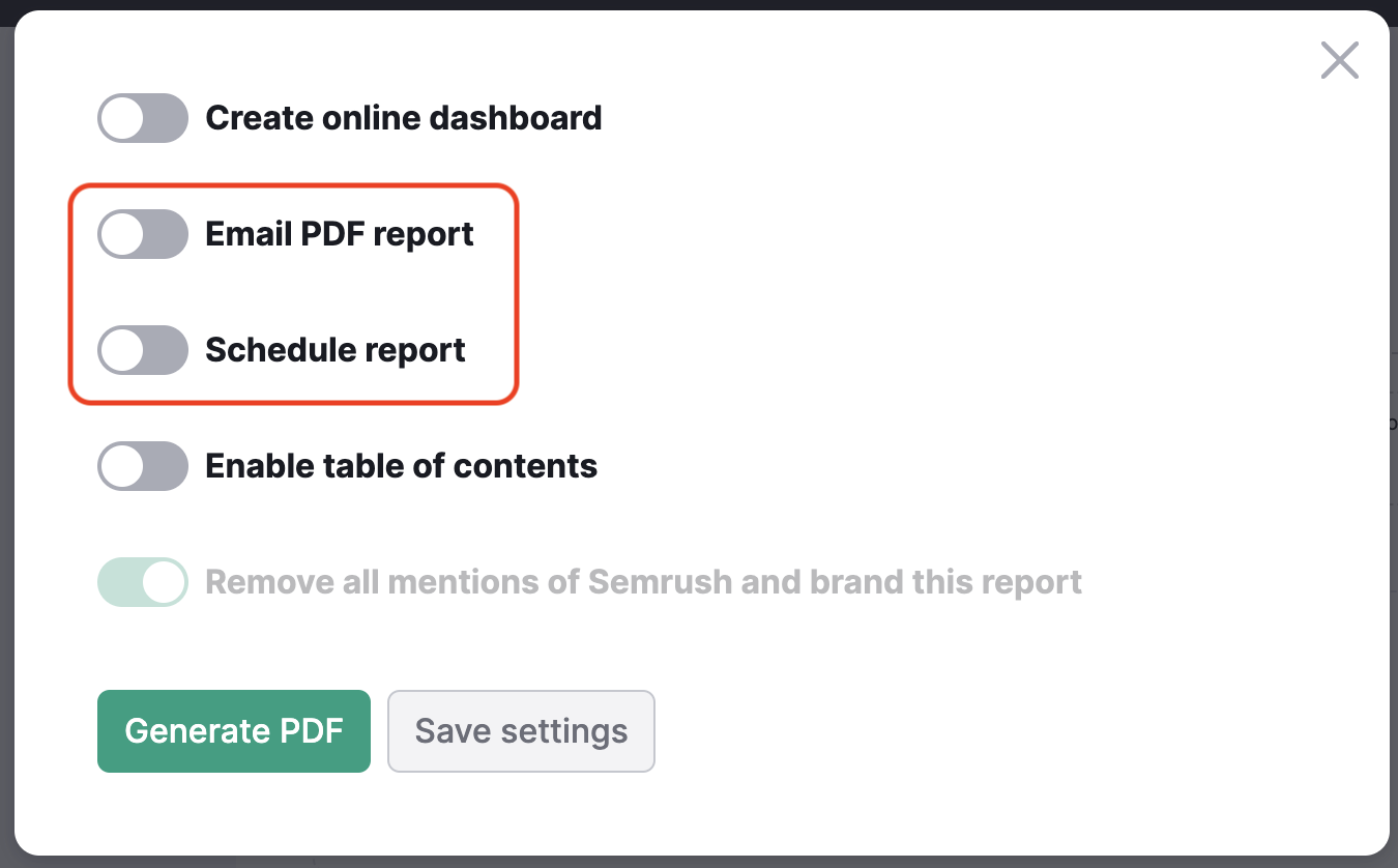 A pop-up window with all options provided after selecting the Generate PDF report button. Email report and Schedule report are highlighted and toggled off.