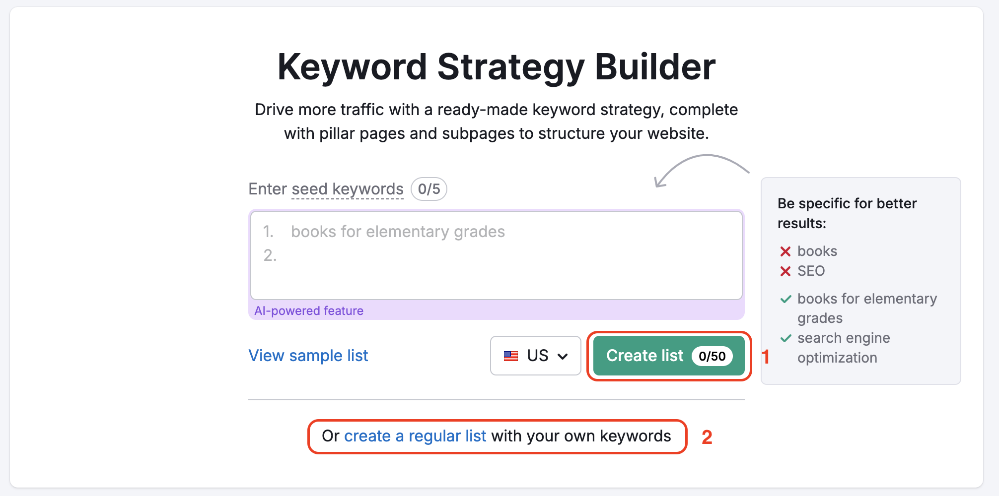 Landing page di Keyword Strategy Builder con dei rettangoli rossi che evidenziano il pulsante Crea elenco che crea un elenco con cluster e il pulsante Crea un normale elenco subito sotto. 