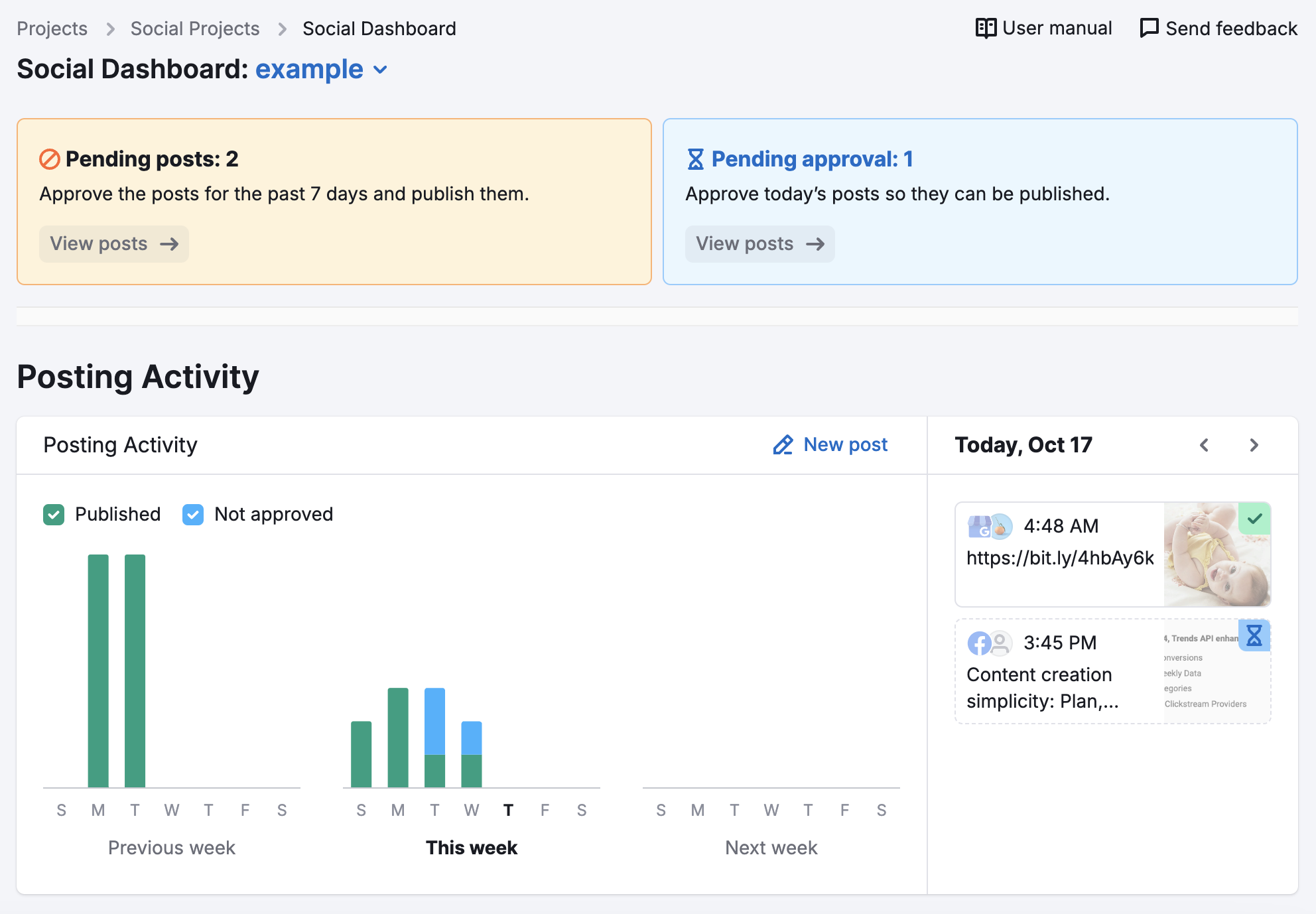 The Social Dashboard interface showing pending posts and posting activity. 