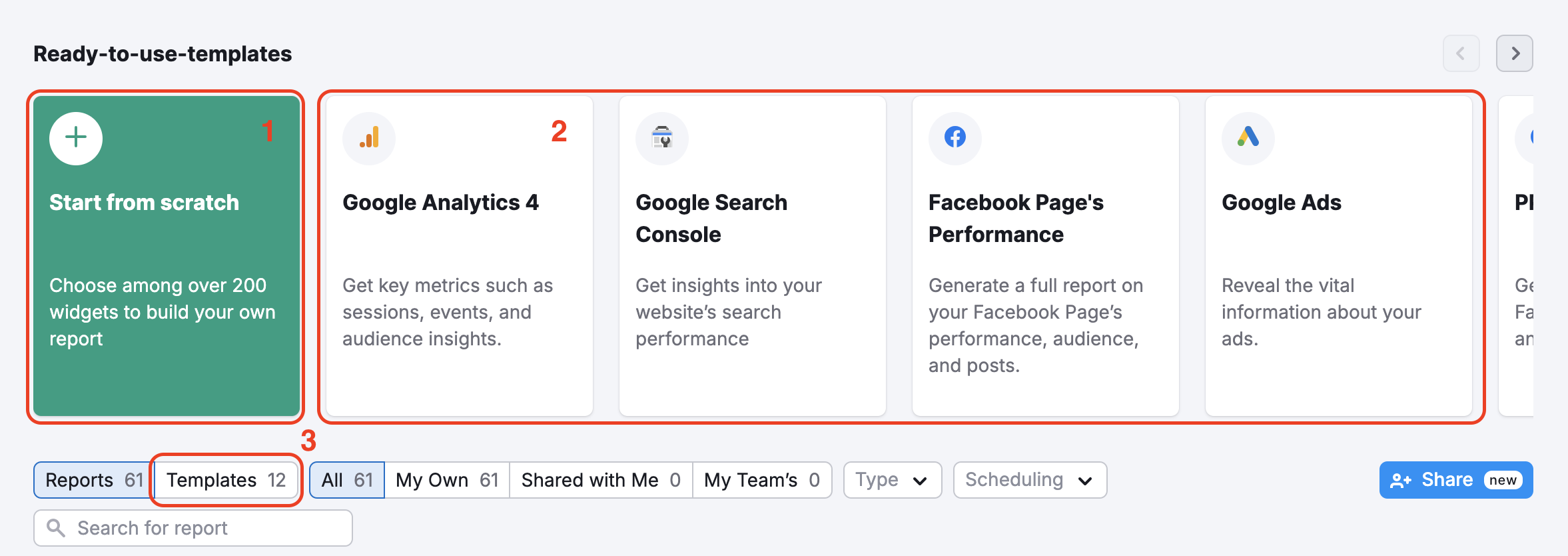 Where to click to create reports from scratch, from a pre-existing template, or your own custom template.