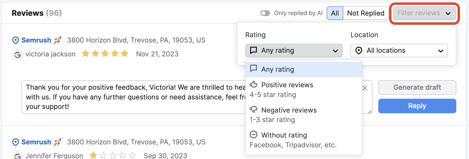 The Filter reviews drop-down with the options to select positive or negative reviews, or reviews without rating. 