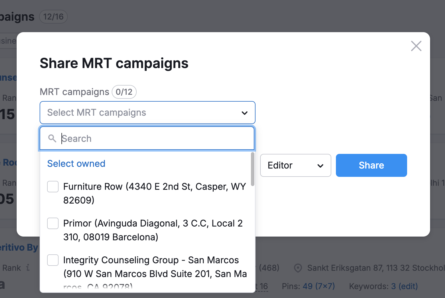 An example of the Share Map Rank Tracker campaigns pop-up with the campaign selector.