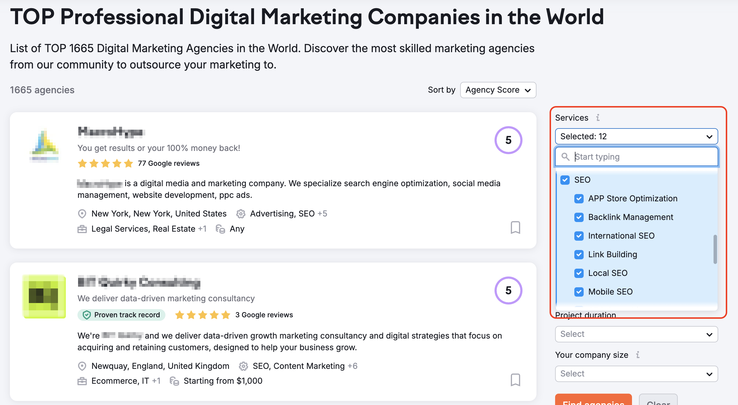 A list of Digital Agencies displayed based on the services selected on the right menu. A drop-down with selected SEO services is highlighted with a red rectangle. 