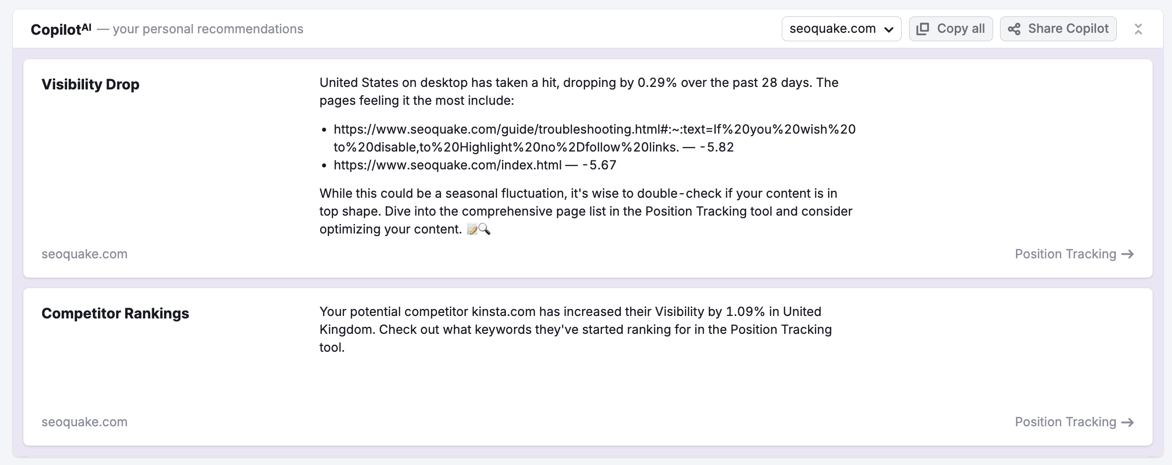 Example of the Semrush Copilot dashboard. 