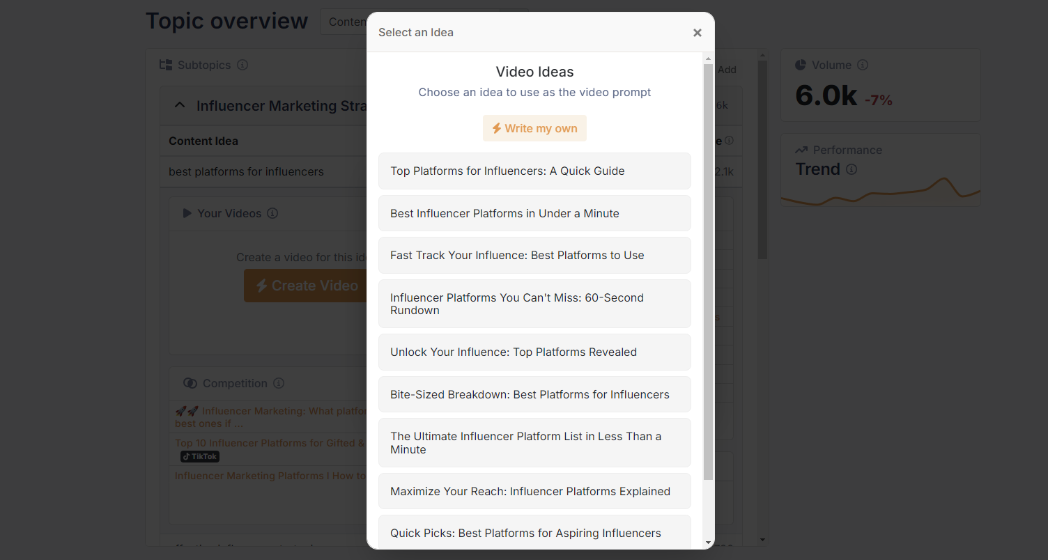 Choosing an idea to create a video about in the Video SEO Builder app.