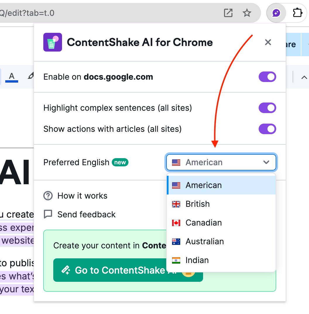 An example of the ContentShake AI for Chrome extension's main menu with a red arrow pointing to the Preferred English drop-down menu.