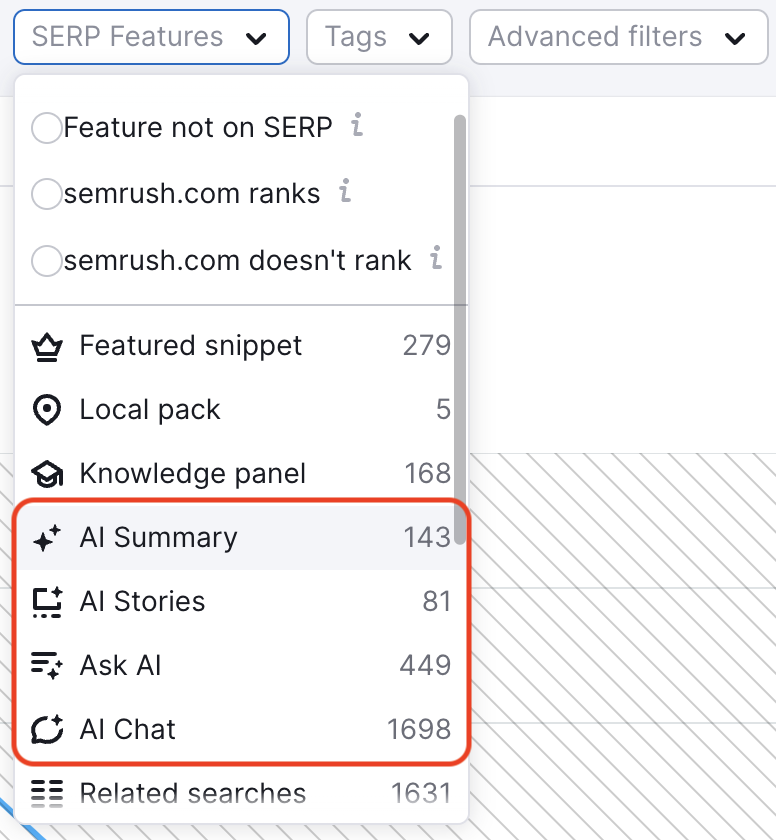 The SERP features filter drop-down with the following features highlighted: AI summary, AI Stories, Ask AI, and AI Chat. 