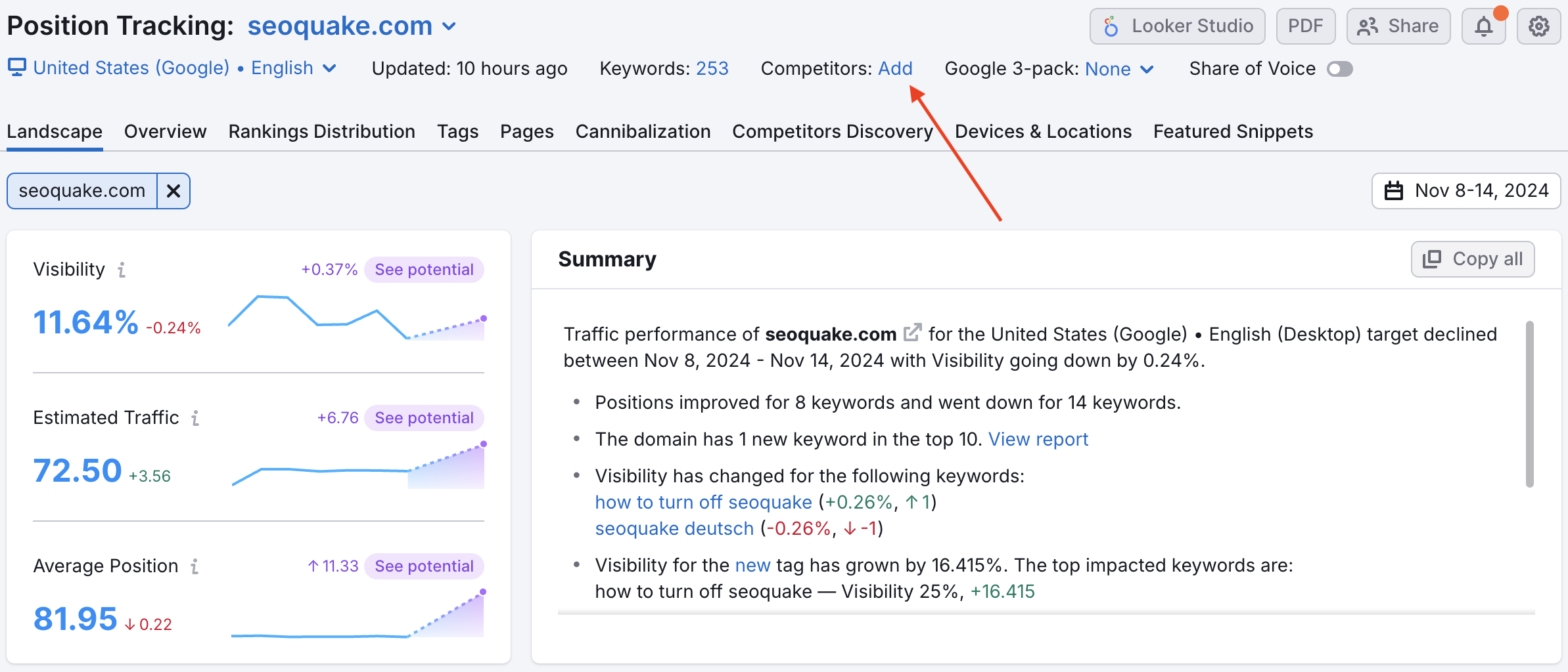 Position Tracking Landscape tab. A red arrow points to where to add competitors. 