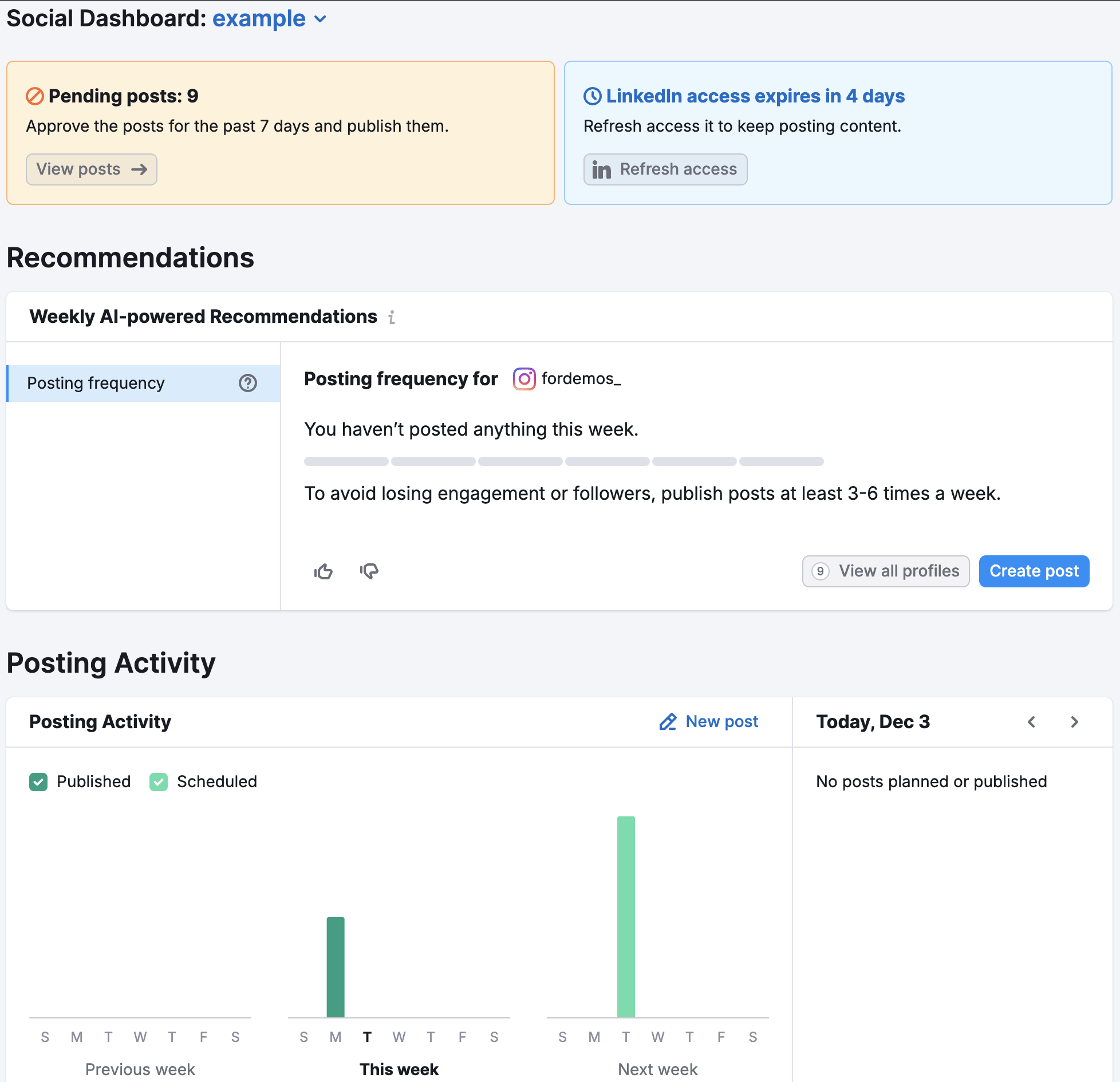 The Social Dashboard interface showing pending posts, recommendations, and posting activity. 