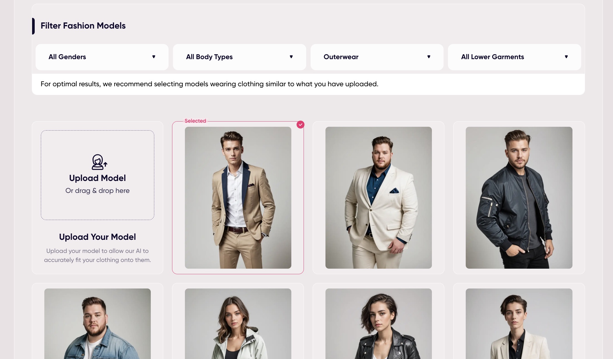 Selecting an AI-generated fashion model to promote your products in AdCreative.ai.