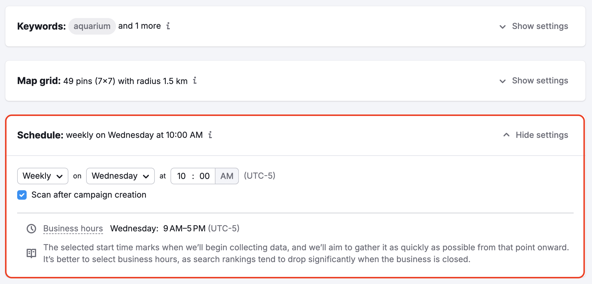 Select how often and when the scan should be re-run in the Schedule section.