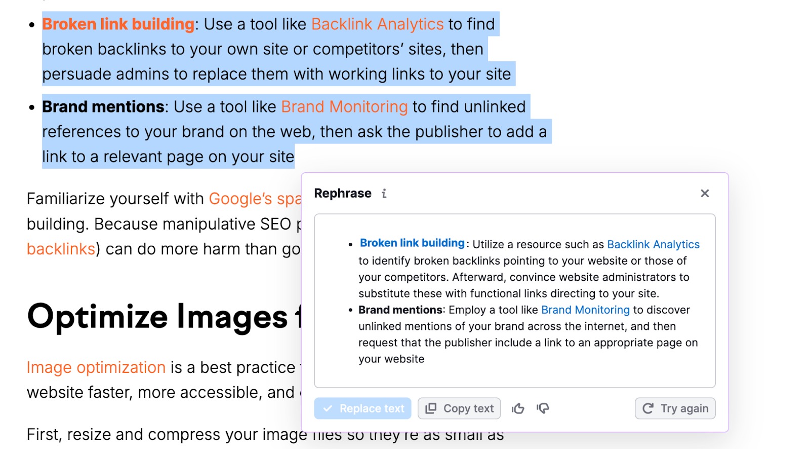 Example of the ContenShake AI extension at work. The highlighted text is rephrased and the words in bold font or containing URLs are kept in the new generated version.