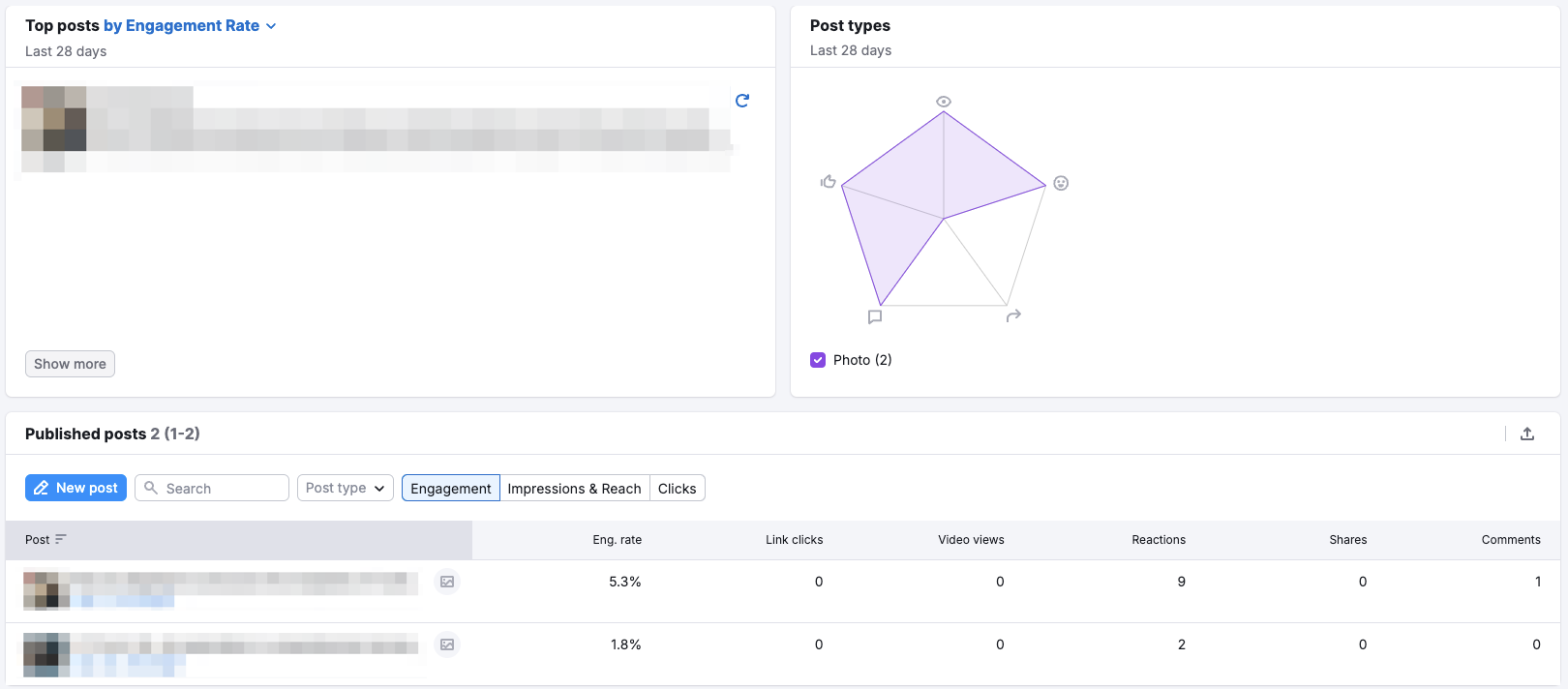 An example of the Posts Tab in the Facebook report in Social Analytics.