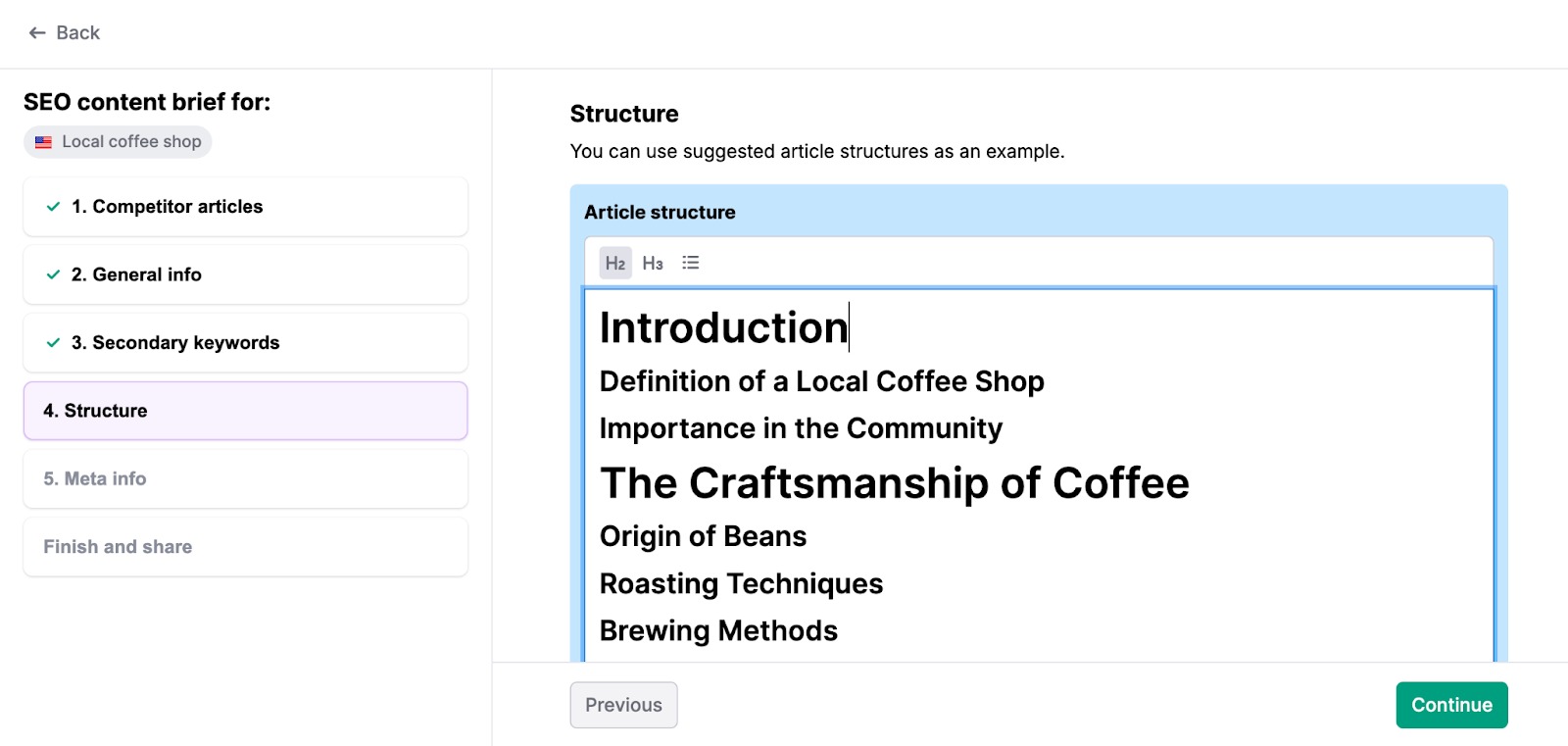 An example of step four, 'Structure,' in the SEO content brief constructor.