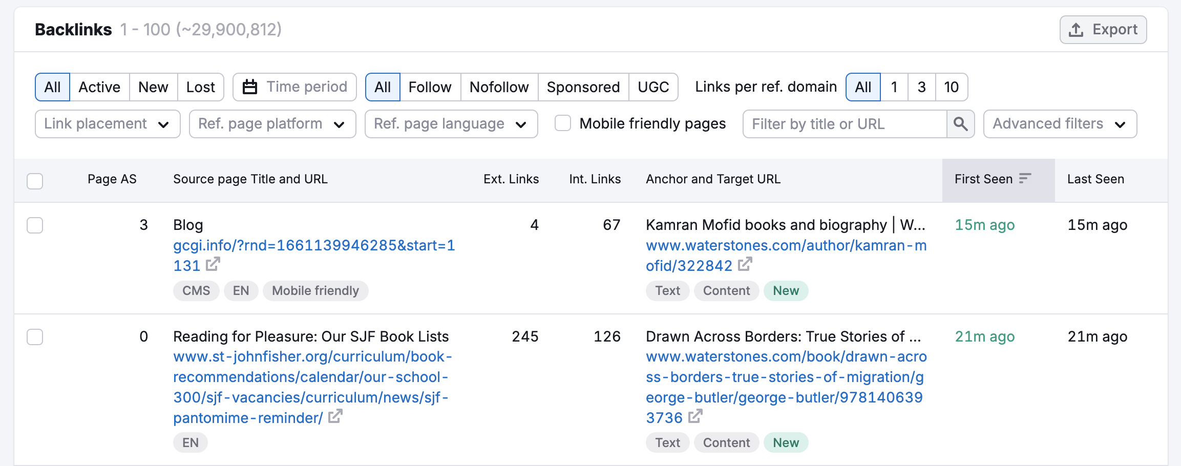 An example of the Backlinks table sorted by First Seen.