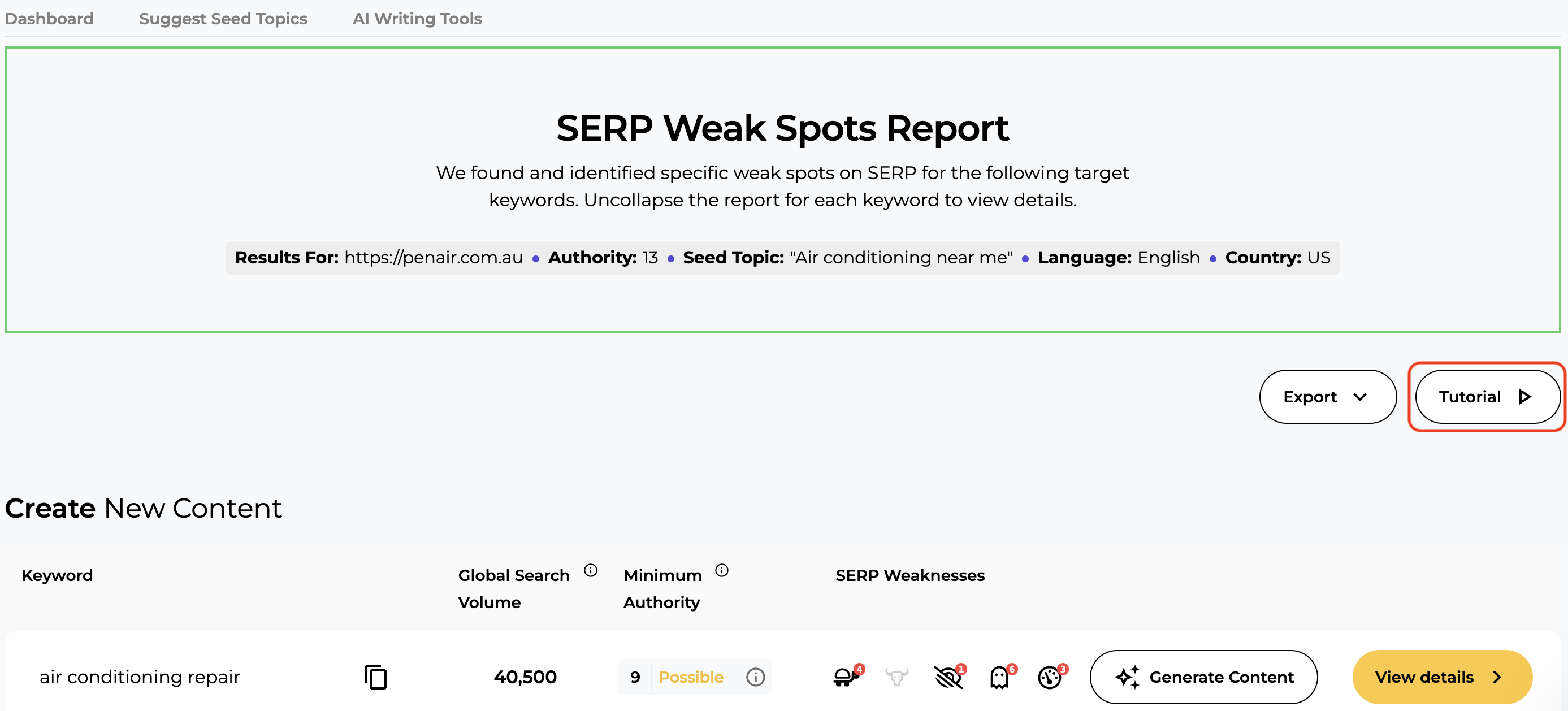 How to access the tutorial in the SERP Gap Analyzer.