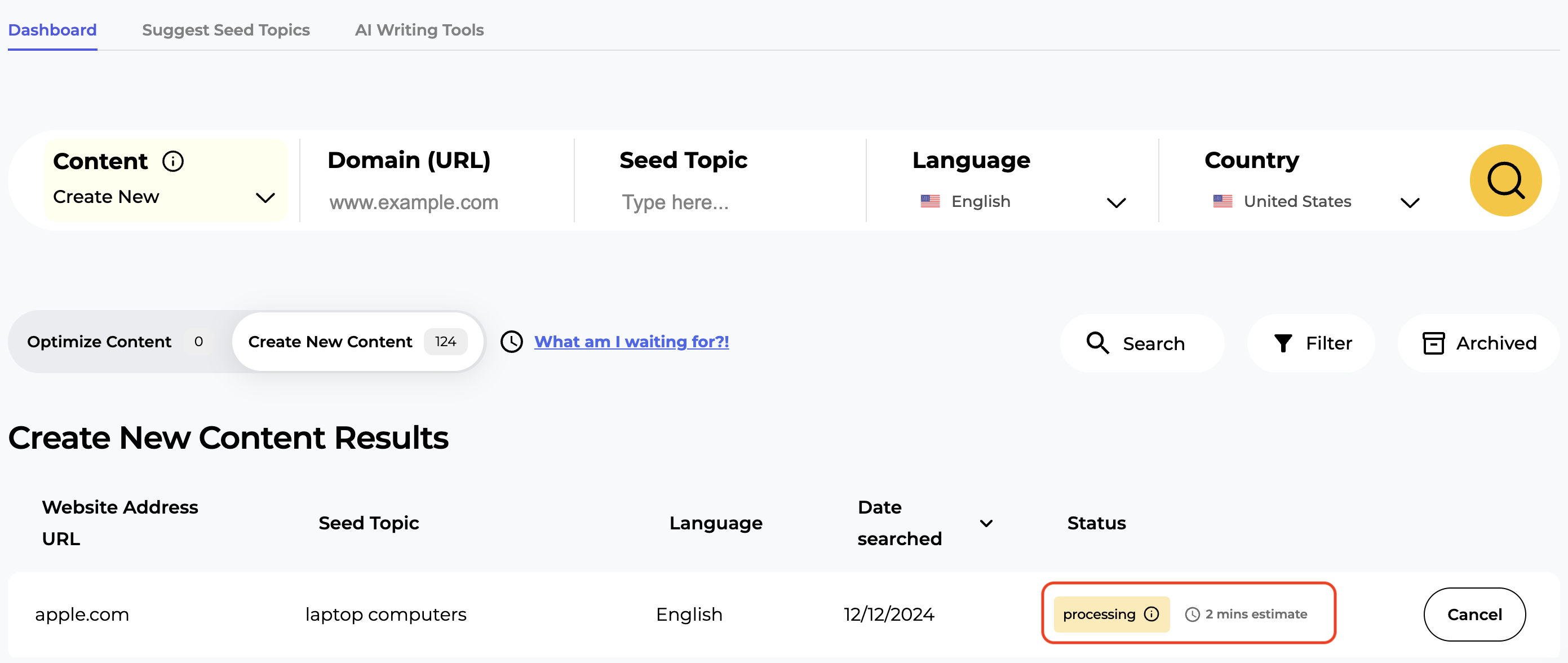 An example of the SERP Gap Analyzer when it's processing an analysis.