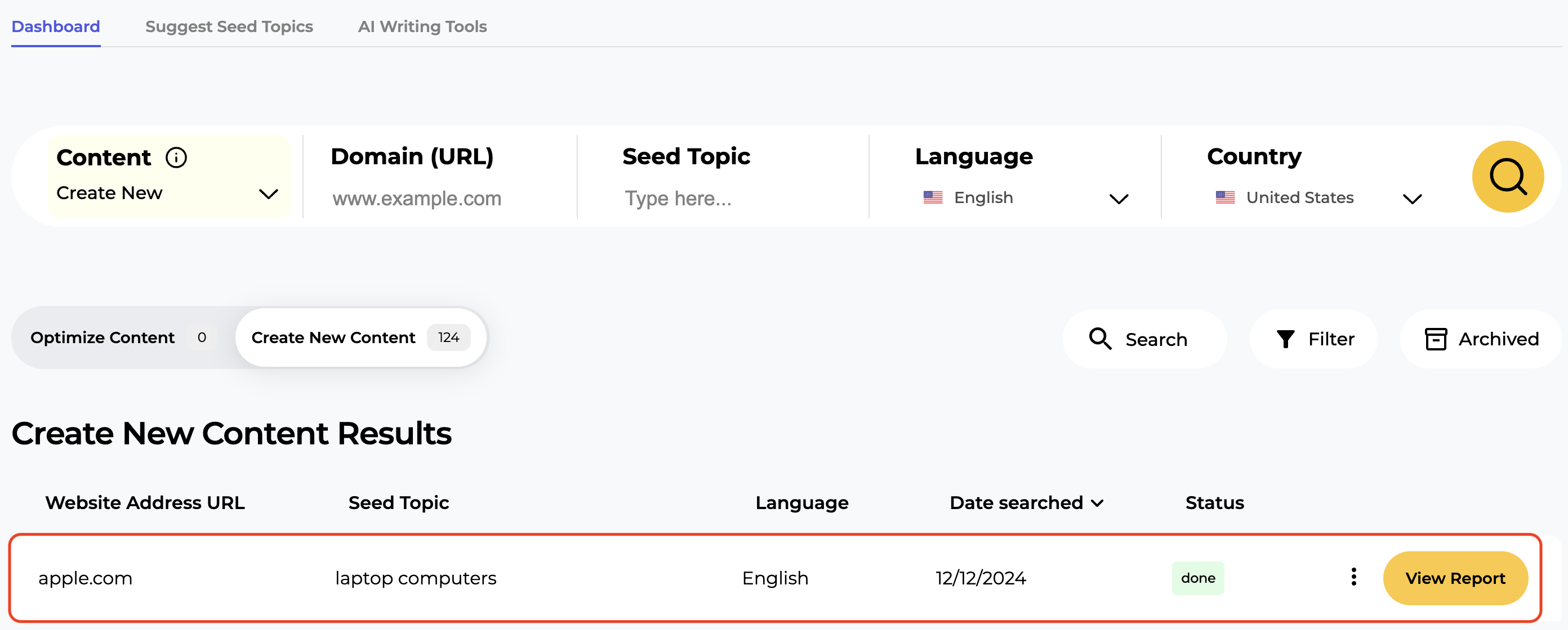 An example of the previously run analysis and its current status in the SERP Gap Analyzer.