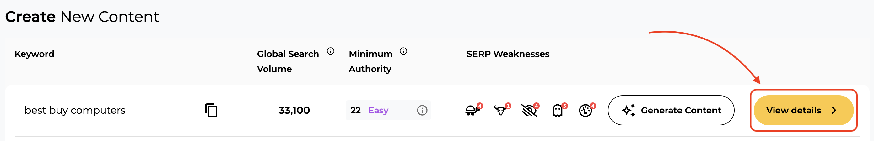 An example of how to view a keyword's details in the SERP Gap Analyzer.